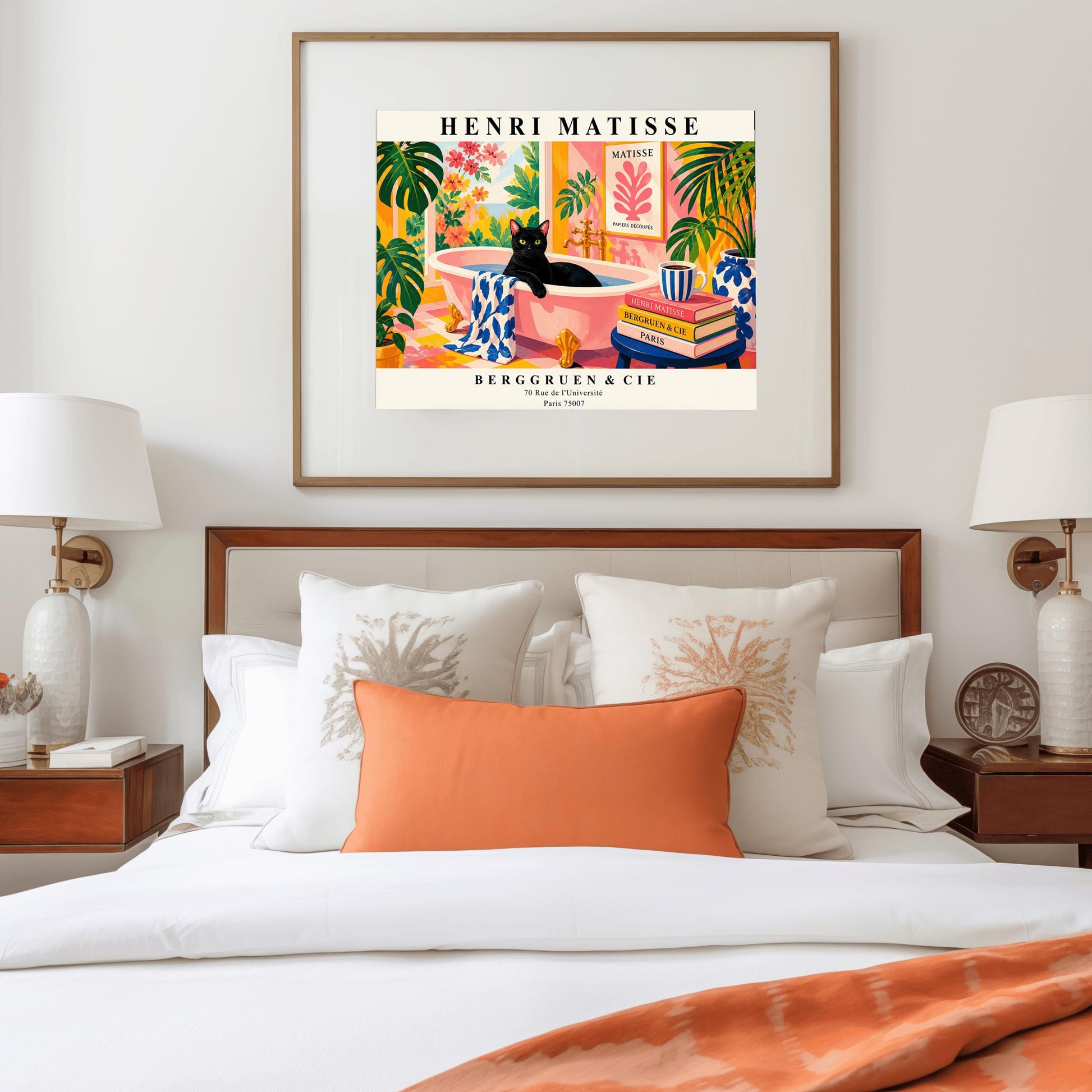 A horizontal art print designed as a Henri Matisse exhibition poster. A sleek black cat sits inside a pink clawfoot bathtub filled with water. The bathroom is vibrant with pink patterned walls, pink and yellow checkered tiles, and numerous large green Monstera plants. Outside the window is a bright garden with pink and orange flowers. A stack of art books and a striped mug sit on a blue stool in the foreground. The poster features bold black text at the top and bottom for "Henri Matisse"