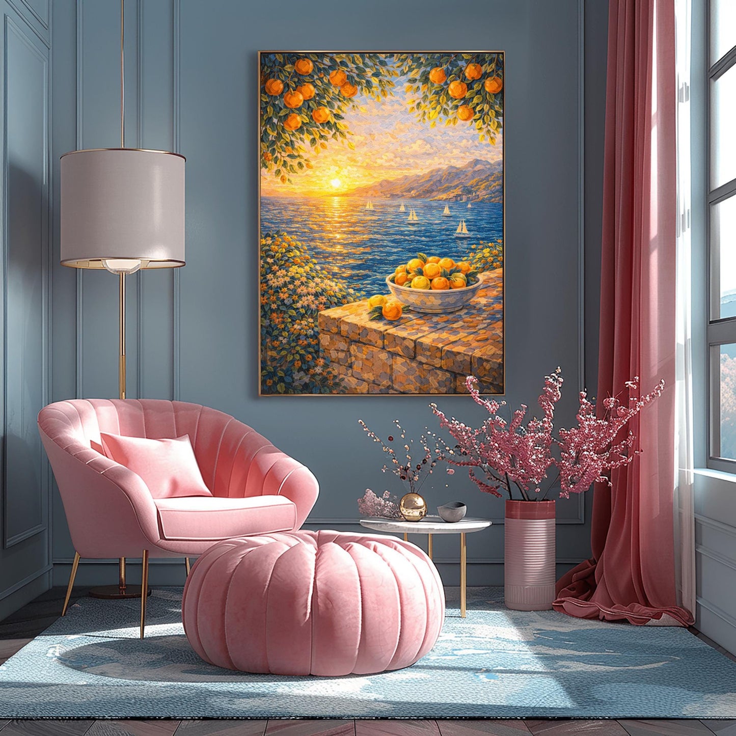 A vertical painterly illustration of a Mediterranean sunset. A low sun shines over a blue sea with sailboats, casting a golden reflection. In the foreground, a bowl of oranges sits on a stone wall. Orange tree branches frame the top of the scene.