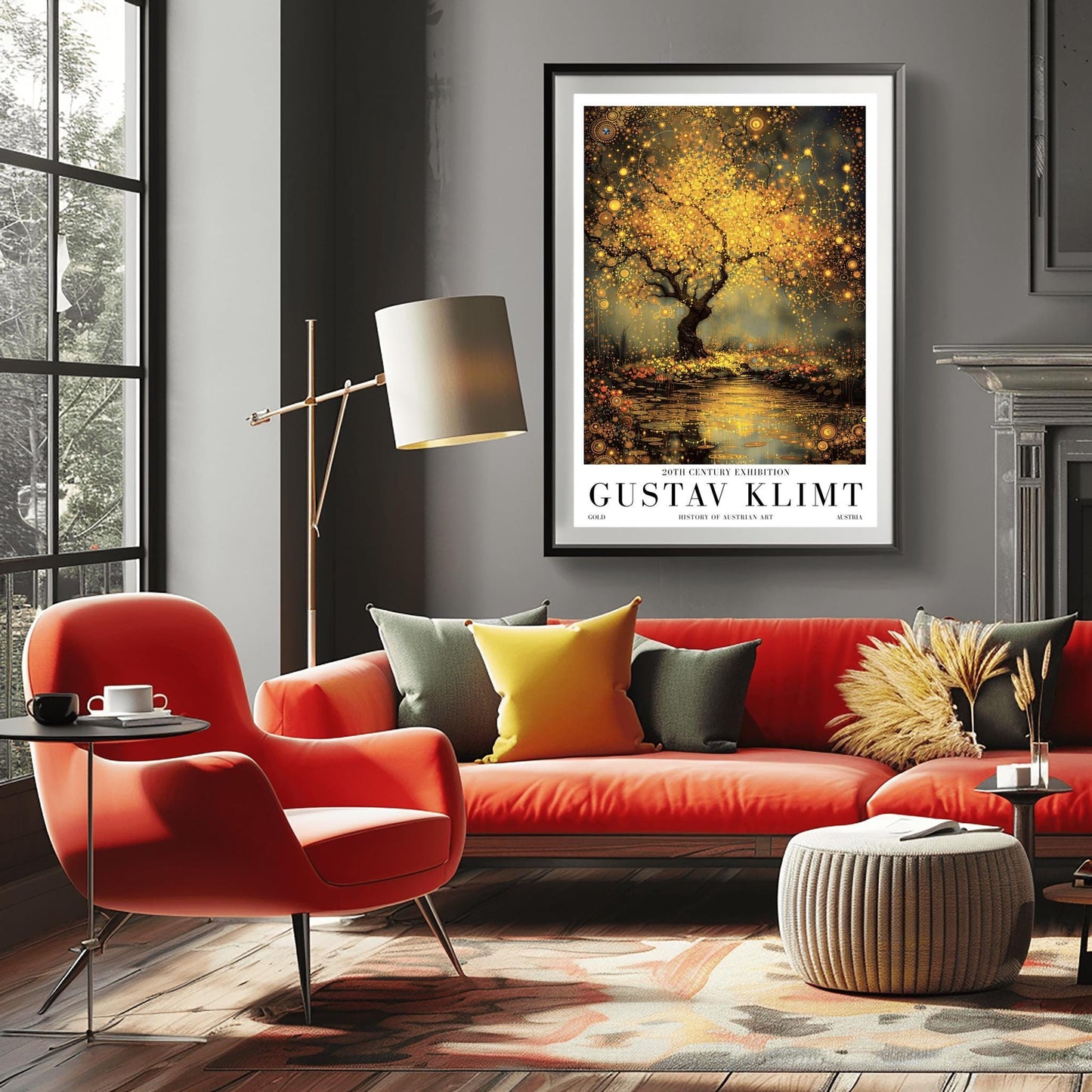 A vertical museum exhibition poster in the style of Gustav Klimt. A large tree with a dense, glowing golden canopy stands beside a river. The water surface is covered in golden mosaic patterns and reflections. The ground is filled with small orange flowers. Bold black text at the bottom reads "GUSTAV KLIMT" and "HISTORY OF AUSTRIAN ART."