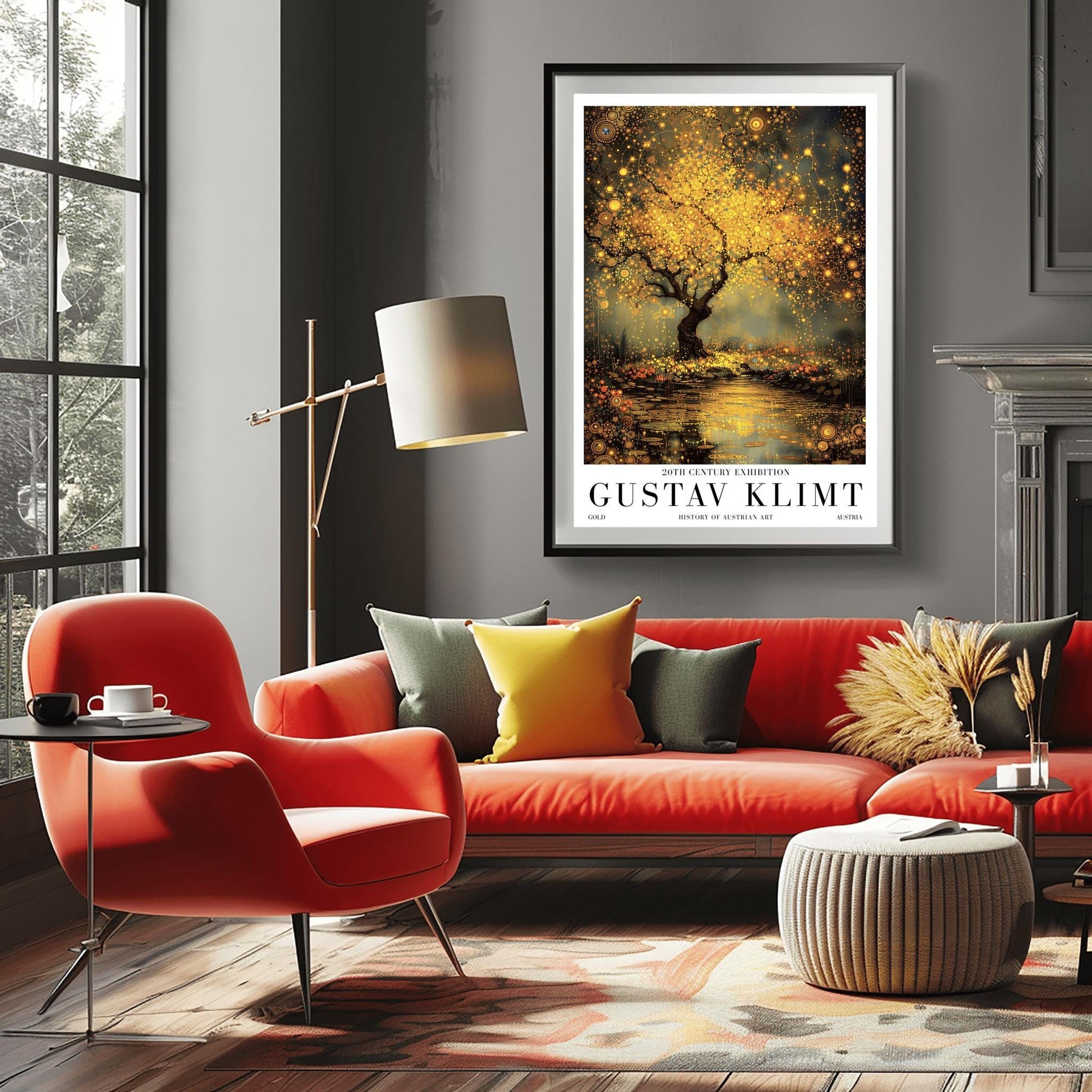 A vertical museum exhibition poster in the style of Gustav Klimt. A large tree with a dense, glowing golden canopy stands beside a river. The water surface is covered in golden mosaic patterns and reflections. The ground is filled with small orange flowers. Bold black text at the bottom reads "GUSTAV KLIMT" and "HISTORY OF AUSTRIAN ART."