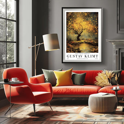 A vertical museum exhibition poster in the style of Gustav Klimt. A large tree with a dense, glowing golden canopy stands beside a river. The water surface is covered in golden mosaic patterns and reflections. The ground is filled with small orange flowers. Bold black text at the bottom reads "GUSTAV KLIMT" and "HISTORY OF AUSTRIAN ART."