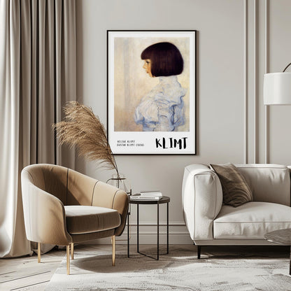 A vertical museum exhibition poster featuring Gustav Klimt's 1898 portrait of "Helene Klimt." A young girl with a dark bob haircut is shown in profile wearing a high-collared white lace blouse. The background is a muted cream. The bottom border is light grey with bold black text reading "HELENE KLIMT" and "KLIMT."