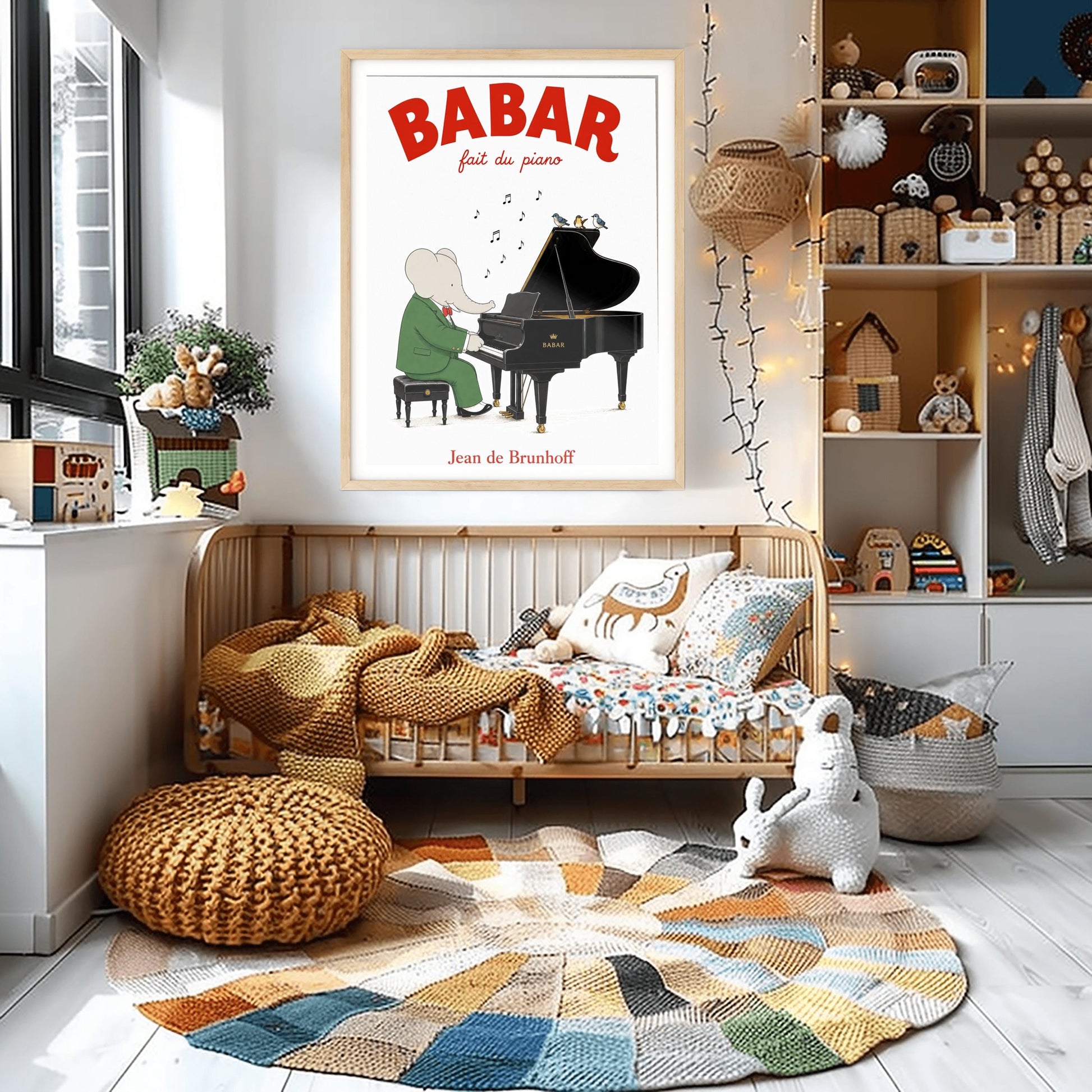 A vertical fine art exhibition poster featuring a classic illustration of Babar the Elephant by Jean de Brunhoff, as seen in Screenshot 2026-05-28 at 19.58.40.png. Set within a wide white border on a textured off-white background, the elephant is shown in a green suit and red bowtie sitting on a stool playing a black grand piano. Three small birds sit on the open piano lid under floating musical notes. Bold red text at the top reads "BABAR fait du piano".