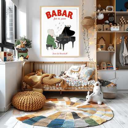 A vertical fine art exhibition poster featuring a classic illustration of Babar the Elephant by Jean de Brunhoff, as seen in Screenshot 2026-05-28 at 19.58.40.png. Set within a wide white border on a textured off-white background, the elephant is shown in a green suit and red bowtie sitting on a stool playing a black grand piano. Three small birds sit on the open piano lid under floating musical notes. Bold red text at the top reads "BABAR fait du piano".