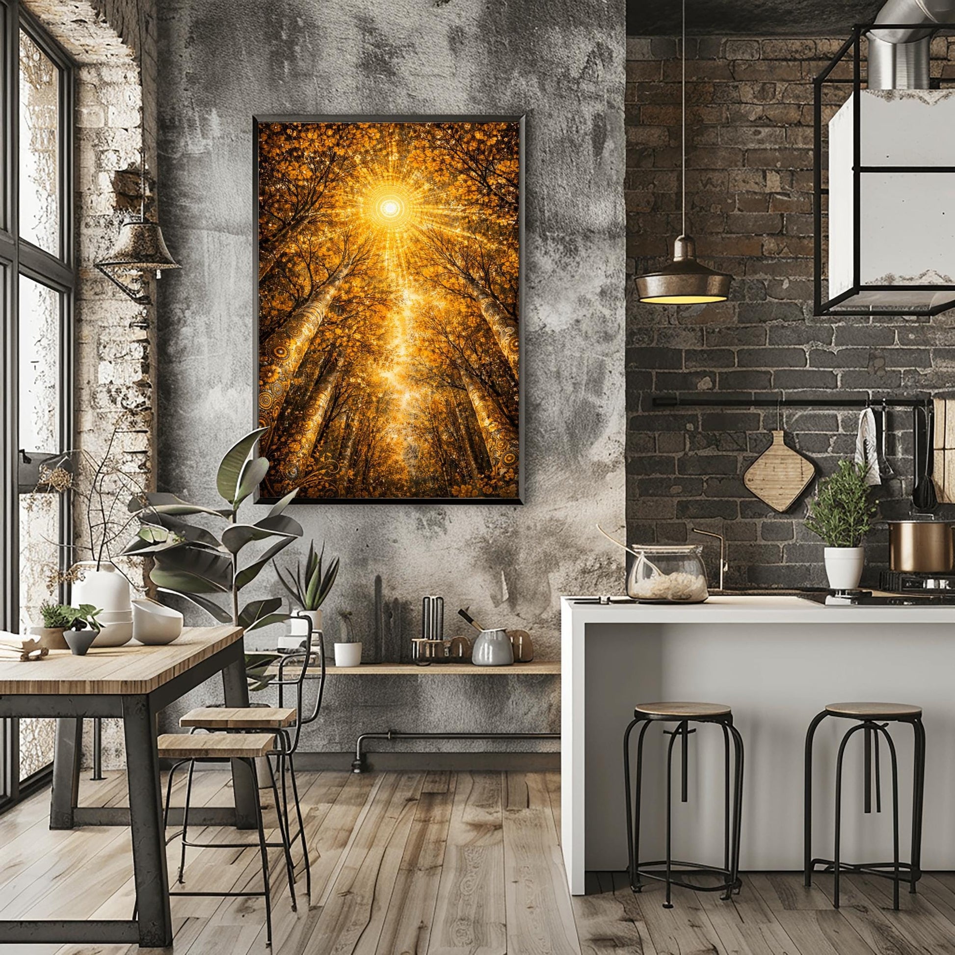 A vertical full-bleed illustration looking up from the forest floor toward a bright, geometric sun. Towering trees with golden mosaic bark frame a canopy of shimmering leaves. A large sunburst made of concentric golden dots and rays sits at the center against an amber sky.