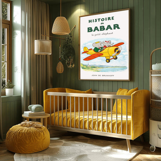 a nursery with a yellow crib, a hanging lamp, and a framed poster of a cartoon elephant on the wall.
