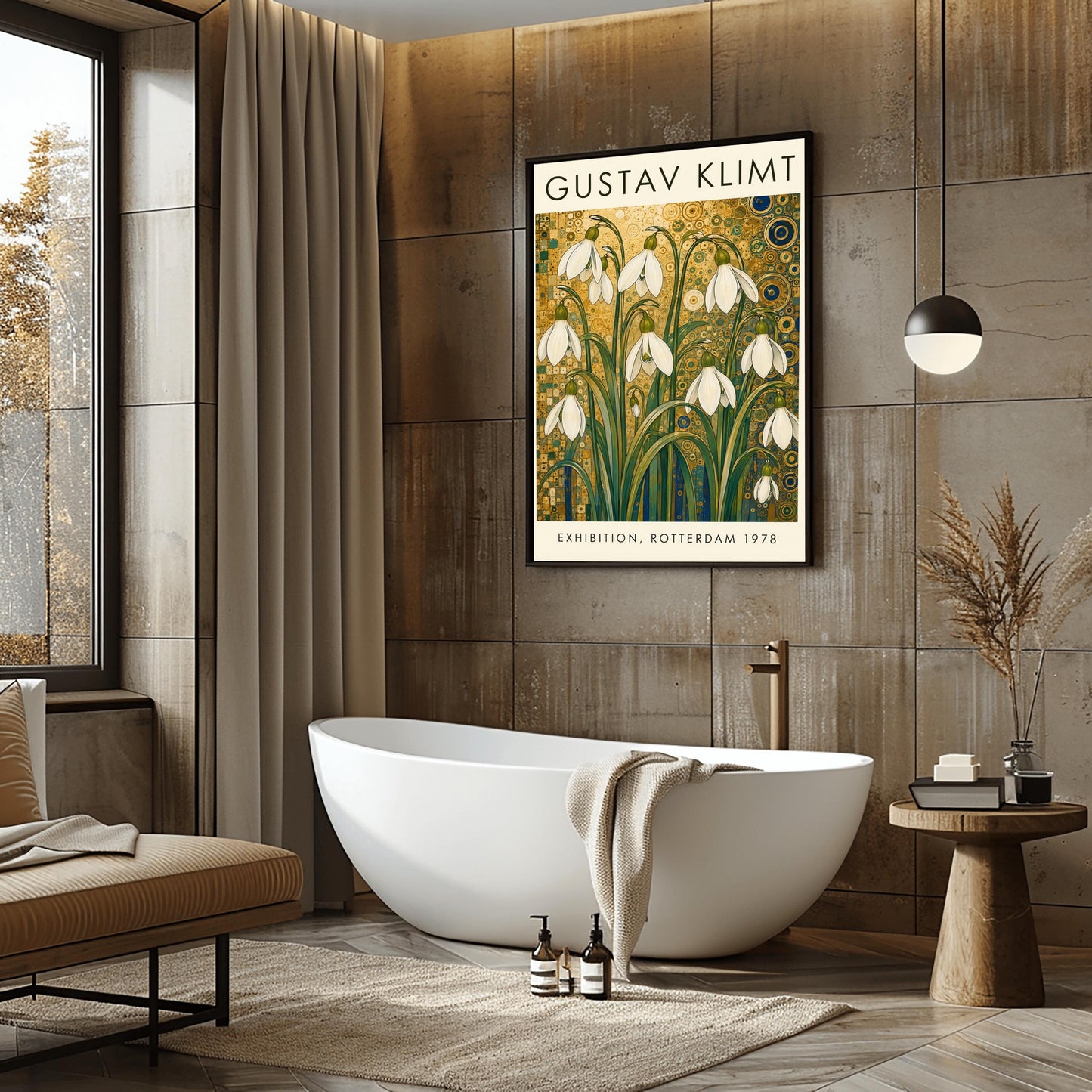 A vertical retro exhibition poster for Gustav Klimt featuring a wide cream-colored border. The central image shows an intricate Art Nouveau illustration of a cluster of delicate white snowdrop flowers with long green leaves reaching upward. The background is an opulent, decorative tapestry of metallic gold patterns, featuring detailed concentric circles, swirling spirals, and tiny mosaic tiles accented with hints of blue and teal.