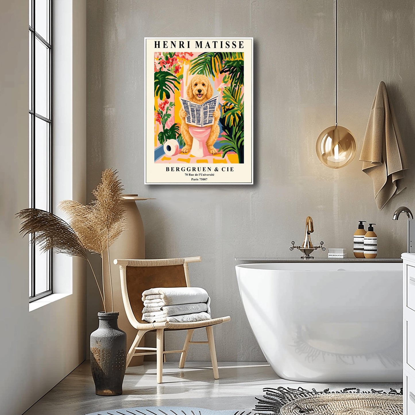 A vertical fine art exhibition poster in the style of Henri Matisse featuring a wide cream border. Bold black text reads "HENRI MATISSE" at the top and "BERGGRUEN & CIE" at the bottom. The central painting humorously shows a fluffy golden doodle dog sitting on a pink toilet while reading a newspaper, surrounded by vibrant green palm leaves, tropical flowers, and a toilet paper roll on the floor.