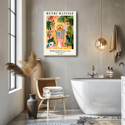 A vertical fine art exhibition poster in the style of Henri Matisse featuring a wide cream border. Bold black text reads "HENRI MATISSE" at the top and "BERGGRUEN & CIE" at the bottom. The central painting humorously shows a fluffy golden doodle dog sitting on a pink toilet while reading a newspaper, surrounded by vibrant green palm leaves, tropical flowers, and a toilet paper roll on the floor.