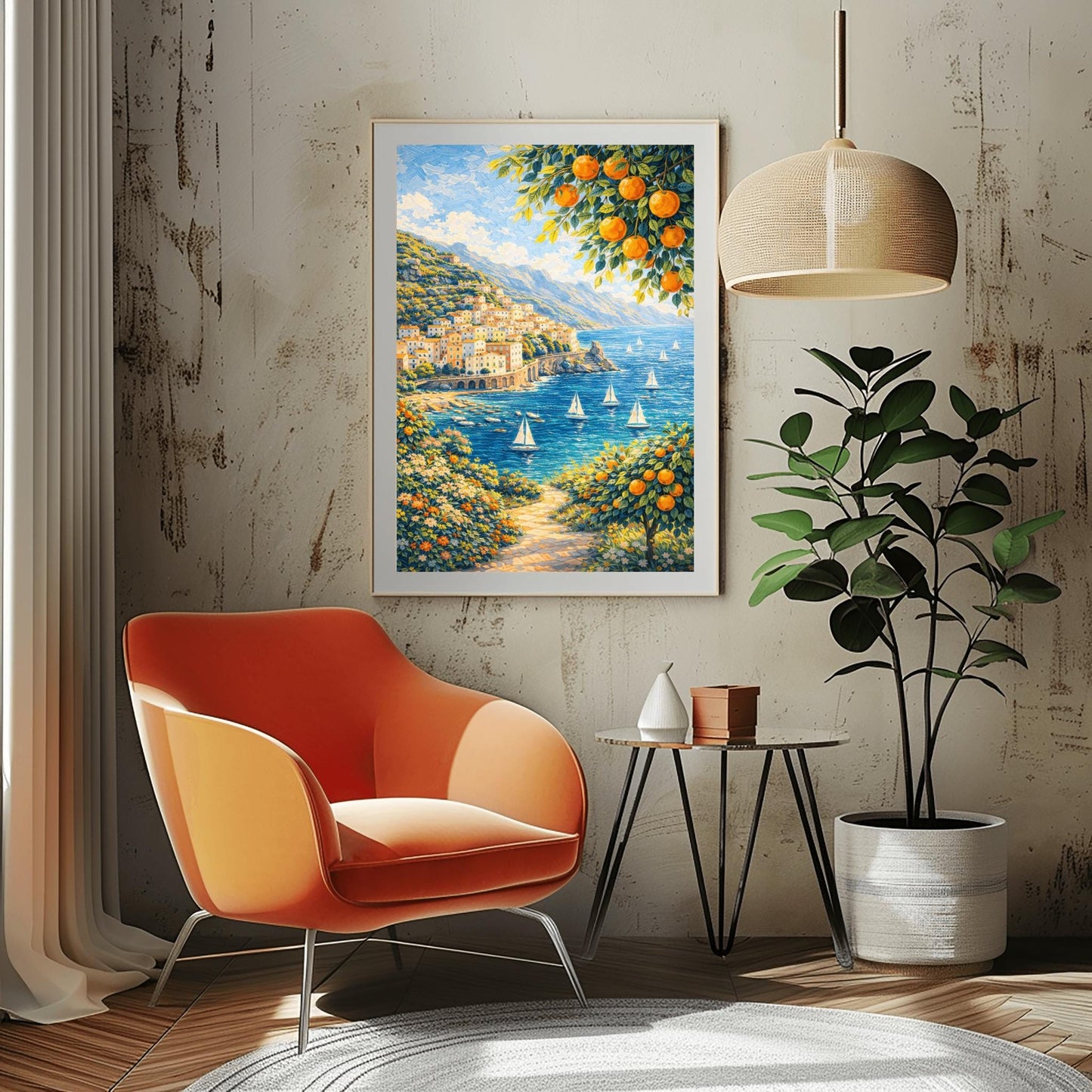 A vertical painterly illustration of a Mediterranean village built into a steep mountainside overlooking a blue sea with many white sailboats. Branches with oranges frame the top and bottom right. A flowered path in the foreground leads toward the water under a bright sky.