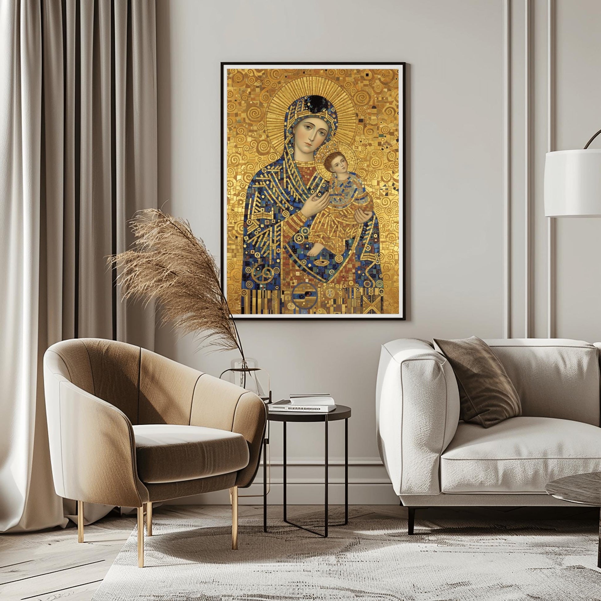 A vertical fine art print in the style of Gustav Klimt. A Madonna and Christ Child are depicted in a modern Byzantine style. Their robes are made of intricate gold and blue mosaic patterns. The Madonna has a large gold ray halo, and the entire background is a textured gold leaf with swirling spiral motifs.