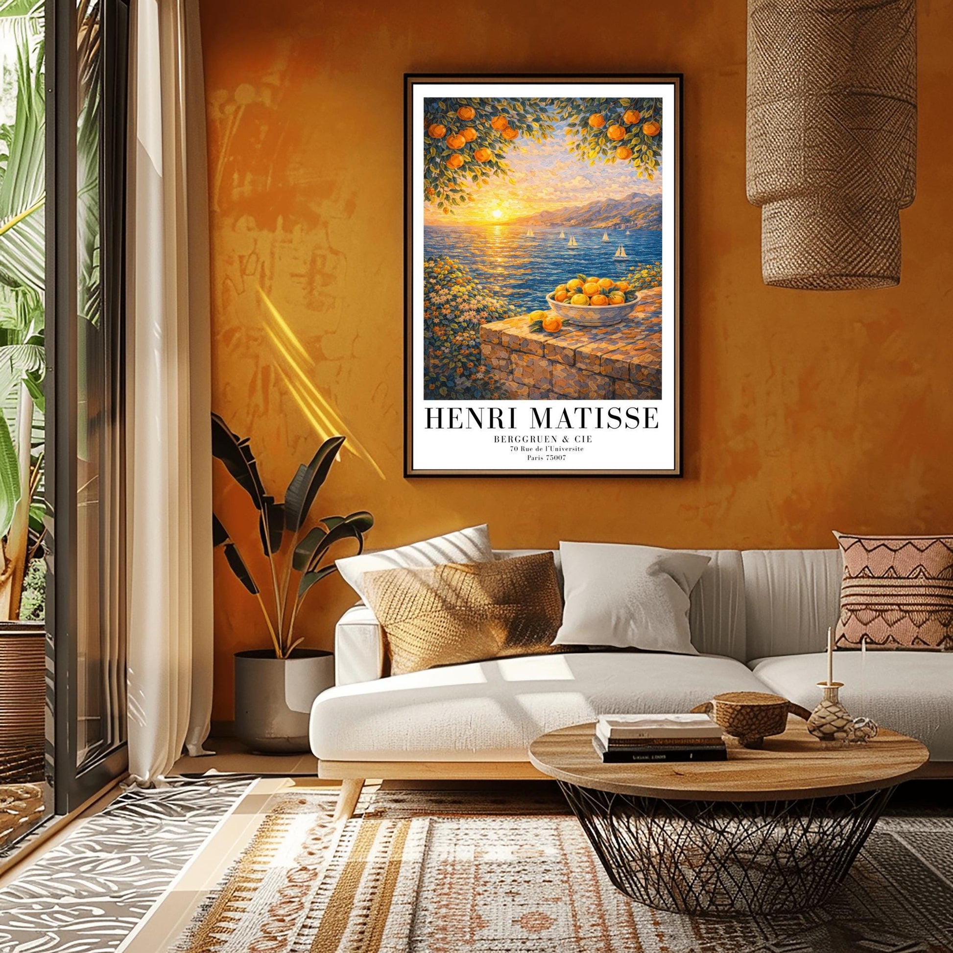 A vertical painterly illustration of a Mediterranean sunset. A low sun shines over a blue sea with sailboats, casting a golden reflection. In the foreground, a bowl of oranges sits on a stone wall. Orange tree branches frame the top of the scene.