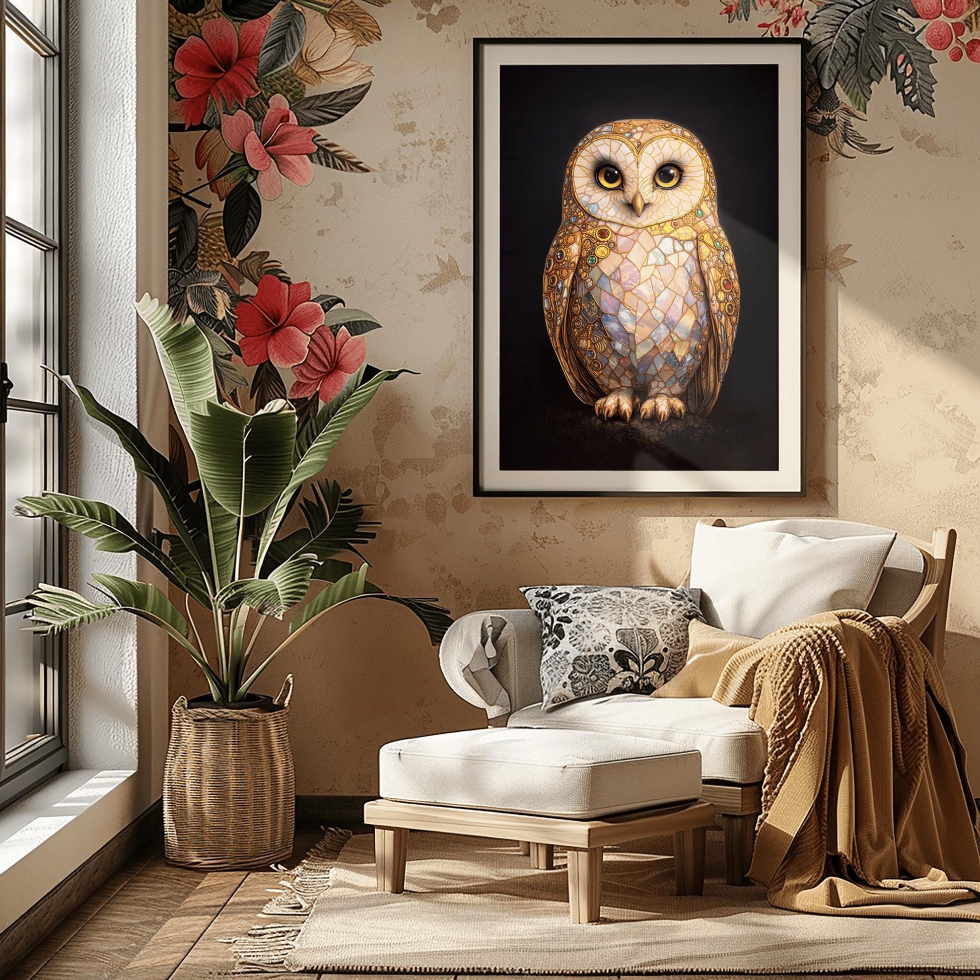 A vertical full-bleed illustration of a barn owl in the style of Gustav Klimt. The owl's body is a complex mosaic of gold, cream, and iridescent pastel tiles with small colorful gemstones embedded in the wings. It has large dark eyes and stands against a solid black background.