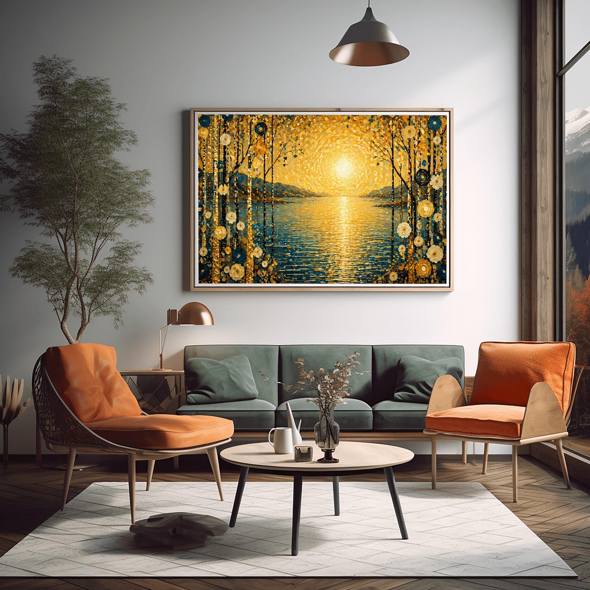 A horizontal art print in a decorative mosaic style inspired by Gustav Klimt. A large, radiant golden sun composed of shimmering circles hangs over a calm blue lake, with its light reflecting on the water's surface. The scene is framed on both sides by tall, thin birch trees decorated with stylized gold and cream flowers. Muted blue mountains are visible in the background under a sky filled with golden, dappled light patterns.