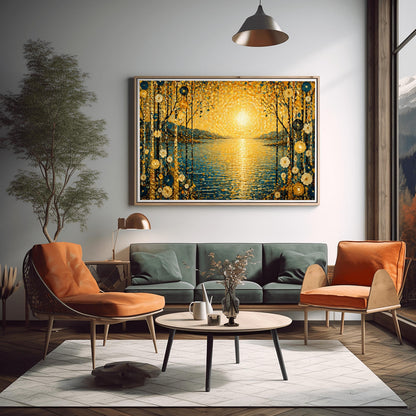A horizontal art print in a decorative mosaic style inspired by Gustav Klimt. A large, radiant golden sun composed of shimmering circles hangs over a calm blue lake, with its light reflecting on the water's surface. The scene is framed on both sides by tall, thin birch trees decorated with stylized gold and cream flowers. Muted blue mountains are visible in the background under a sky filled with golden, dappled light patterns.