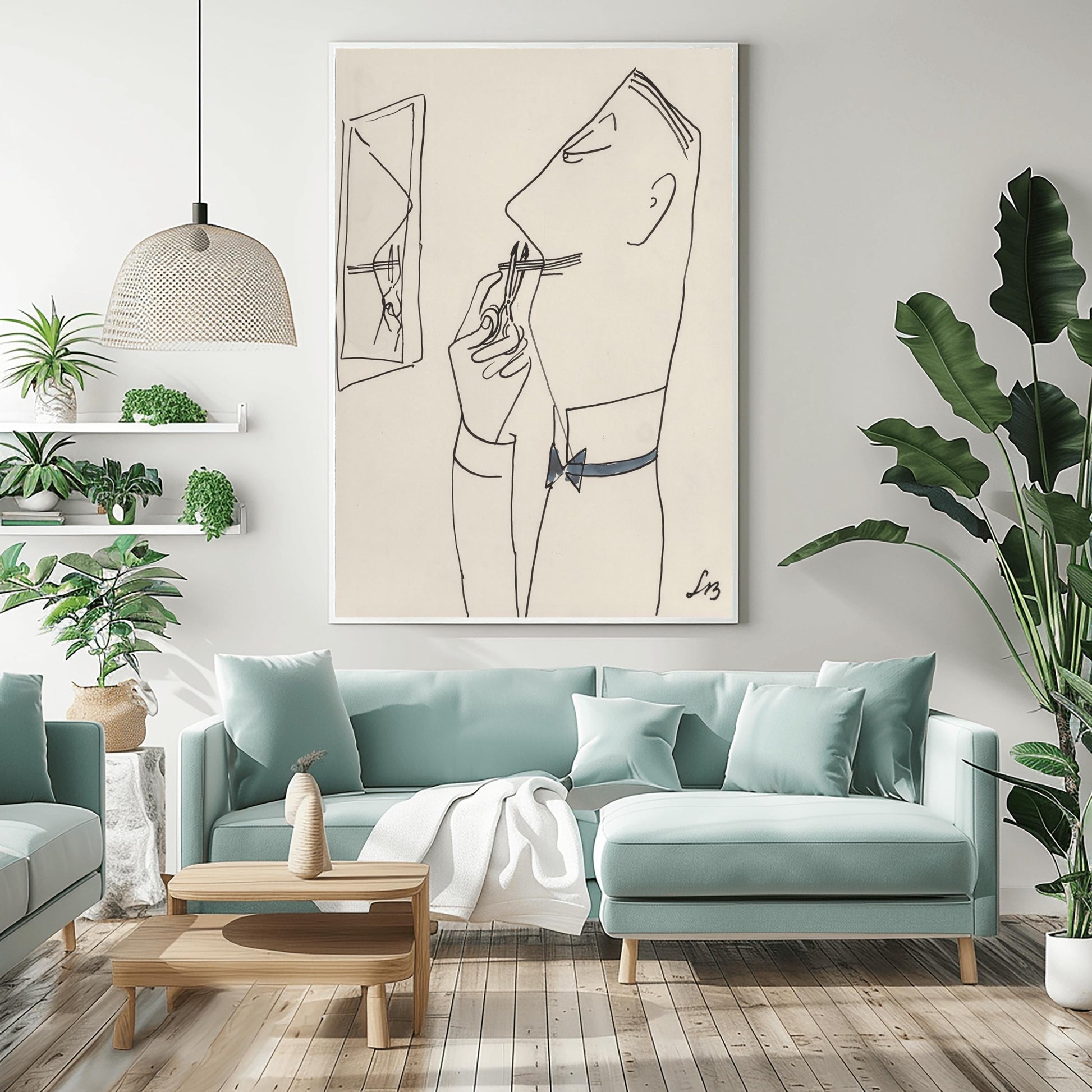 A vertical fine line ink sketch by Ludwig Bemelmans of a man trimming his mustache. Shown in a sharp right-facing profile, the man has a high collar, slicked back hair, and uses small scissors on his mustache. A small rectangular mirror on the left shows a partial reflection of his hand and scissors. His bow tie is filled with a soft slate blue watercolor wash. Initialed "LB" in the bottom right corner.