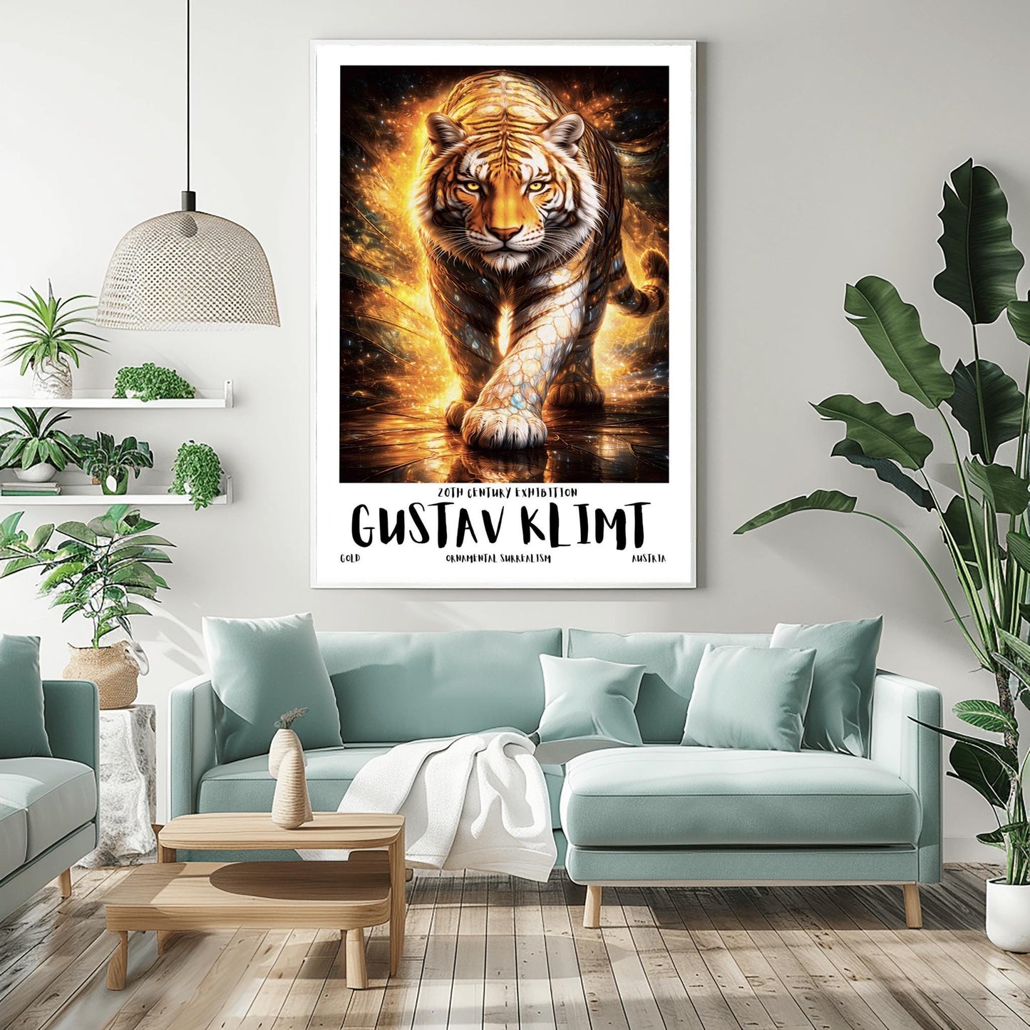 A vertical full-bleed illustration of a tiger in the style of Gustav Klimt. The tiger is prowling forward toward the viewer, its body covered in golden mosaic patterns and glowing orange light. The background is a swirl of amber sparks and gold-leaf textures.