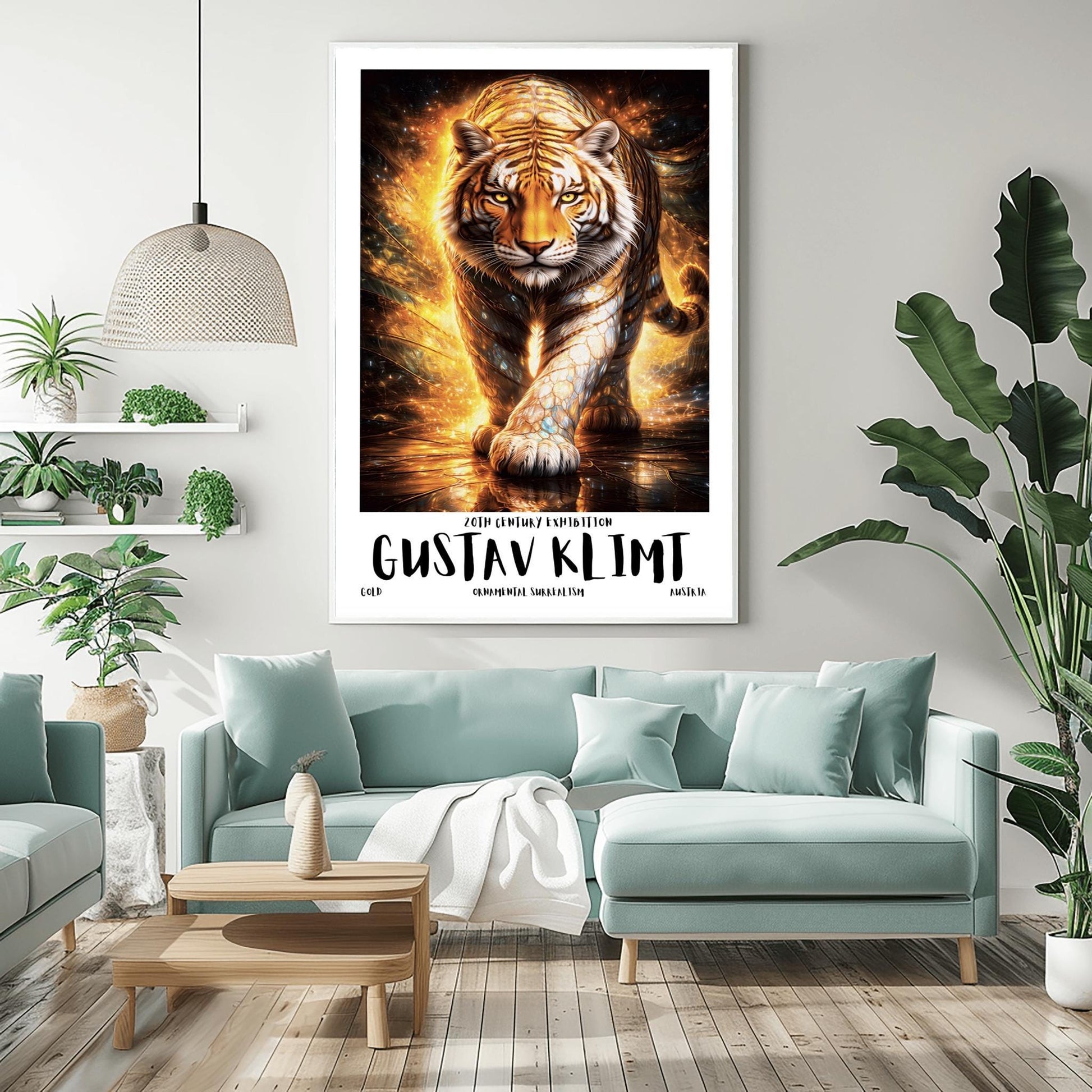A vertical full-bleed illustration of a tiger in the style of Gustav Klimt. The tiger is prowling forward toward the viewer, its body covered in golden mosaic patterns and glowing orange light. The background is a swirl of amber sparks and gold-leaf textures.