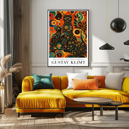 A vertical art print in the style of Gustav Klimt. Three black cats are positioned together, their bodies covered in intricate colorful mosaics of circles, squares, and eye symbols in gold, teal, and red. The background is a vibrant abstract of swirling orange, red, and yellow patterns with a stylized black tree to the right. The bottom of the poster features clean black text that reads "20th Century Cats & Crafts Exhibition" and "Gustav Klimt."