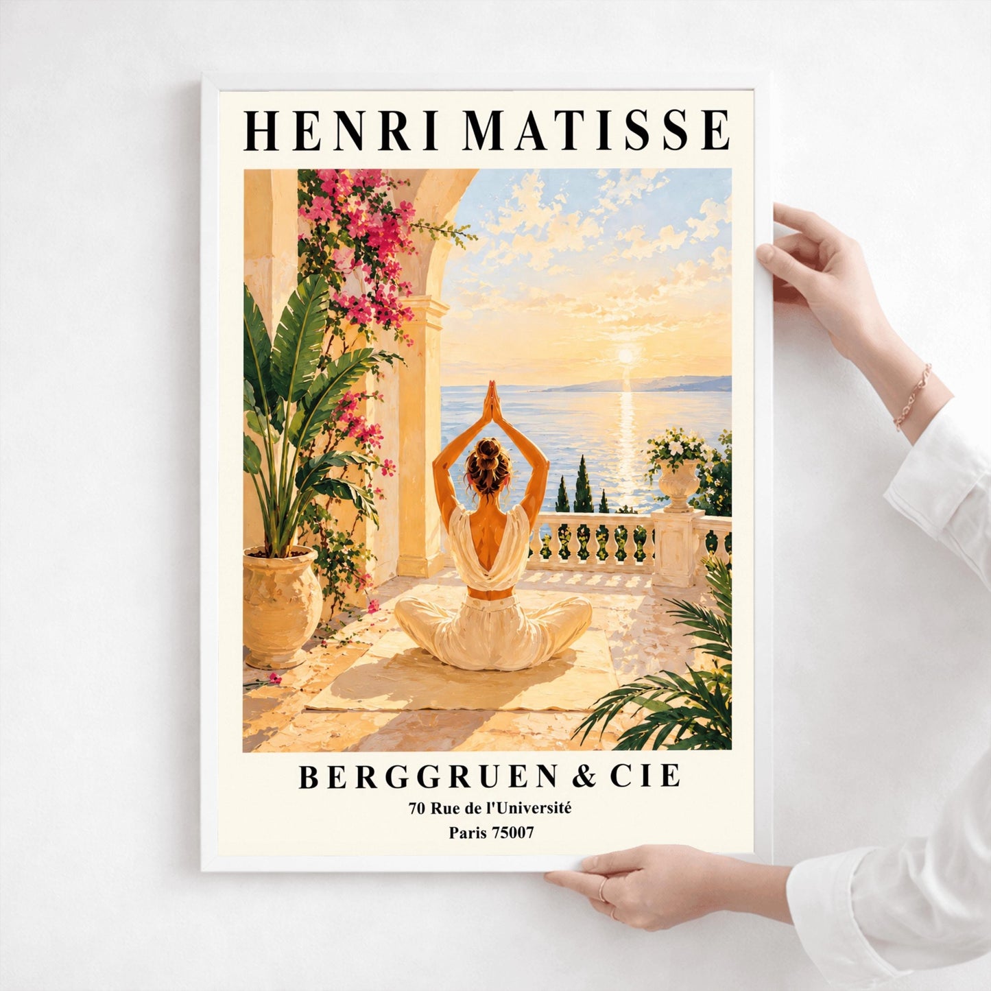 Henri Matisse style poster featuring a woman meditating in a yoga pose on a Mediterranean terrace overlooking the sea at sunset, surrounded by tropical plants, pink flowers, elegant architecture, and warm golden coastal scenery.