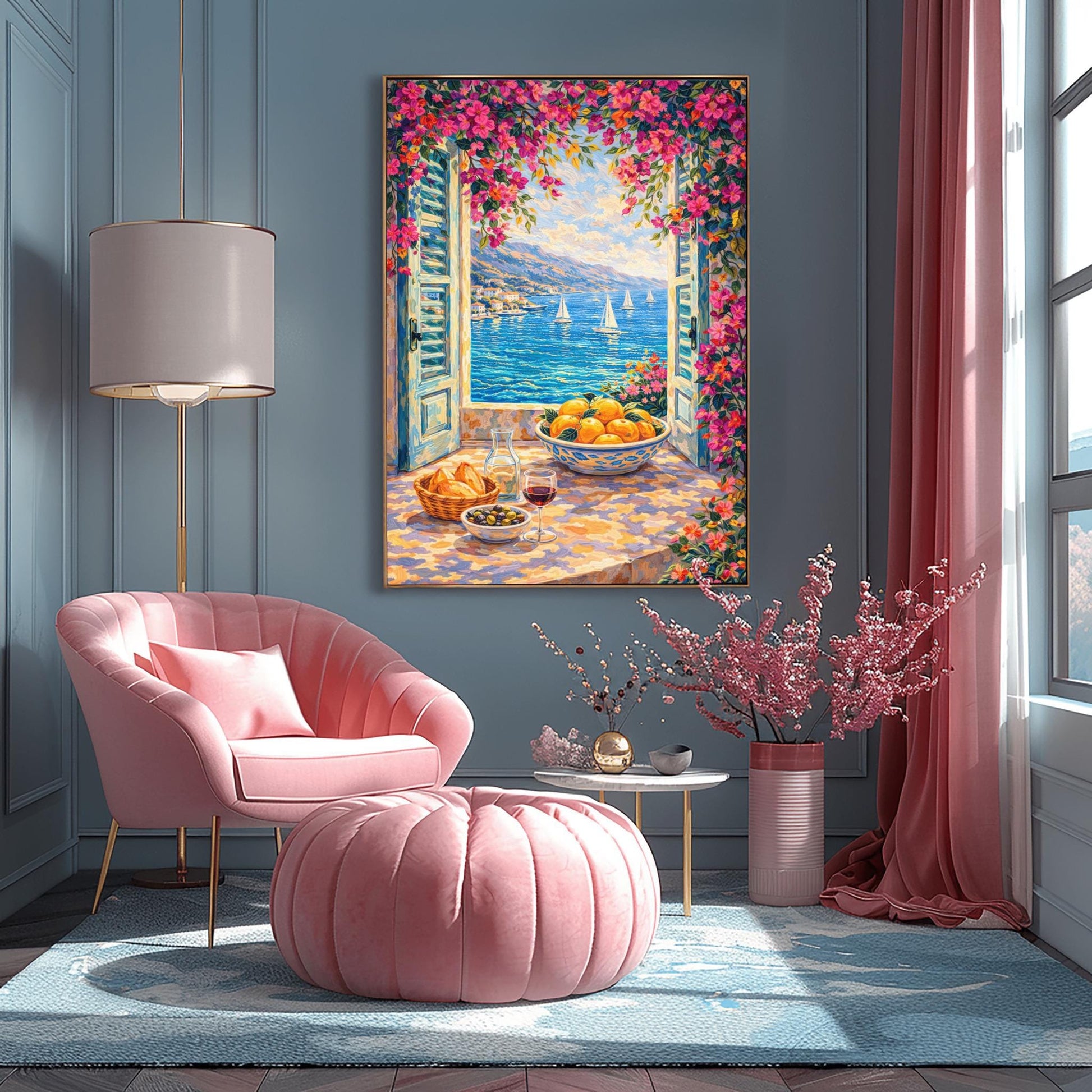A vertical painterly illustration looking through open blue shutters at a blue sea with sailboats. Pink bougainvillea flowers frame the top and side. On the windowsill sits a glass of red wine, olives, bread, and a large bowl of oranges.