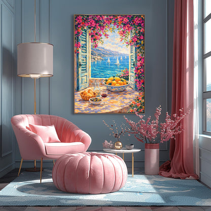 A vertical painterly illustration looking through open blue shutters at a blue sea with sailboats. Pink bougainvillea flowers frame the top and side. On the windowsill sits a glass of red wine, olives, bread, and a large bowl of oranges.