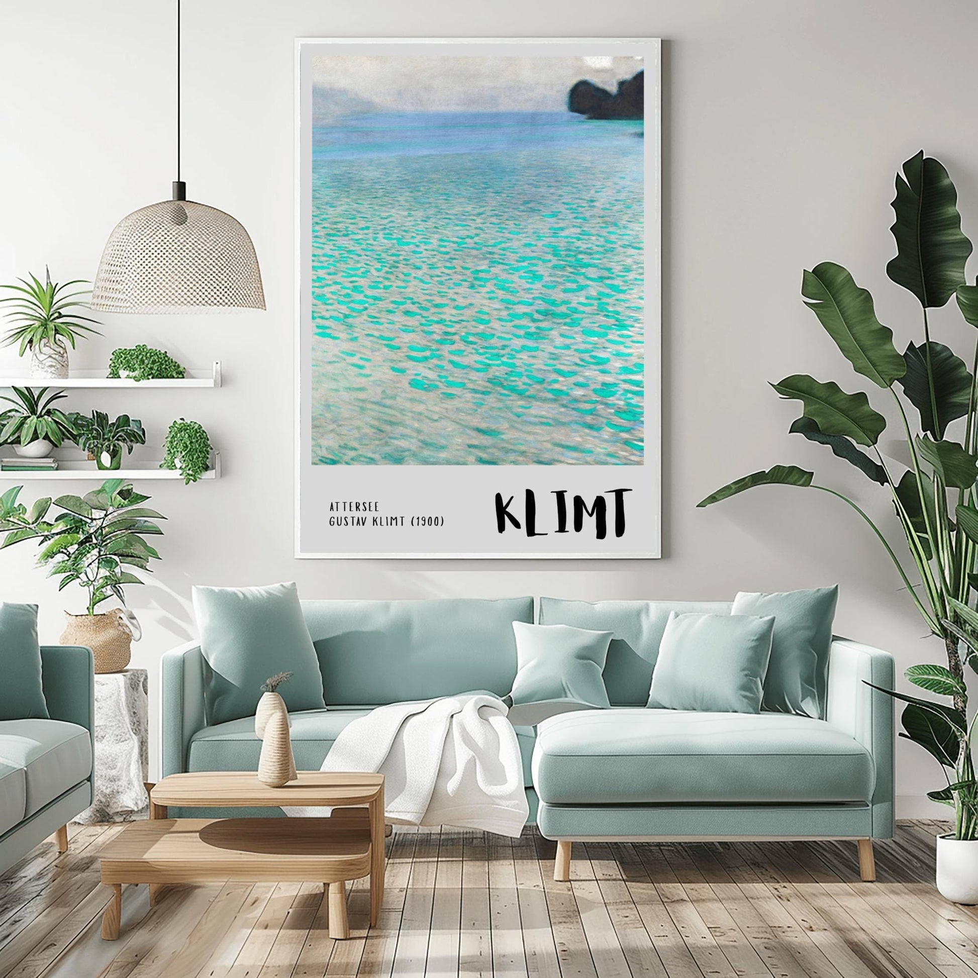 A vertical museum exhibition poster featuring Gustav Klimt's 1900 landscape painting "Attersee." The image depicts a close-up, shimmering view of a turquoise lake with a small dark island in the top right. The bottom border is soft grey with bold black text reading "ATTERSEE" and "KLIMT."
