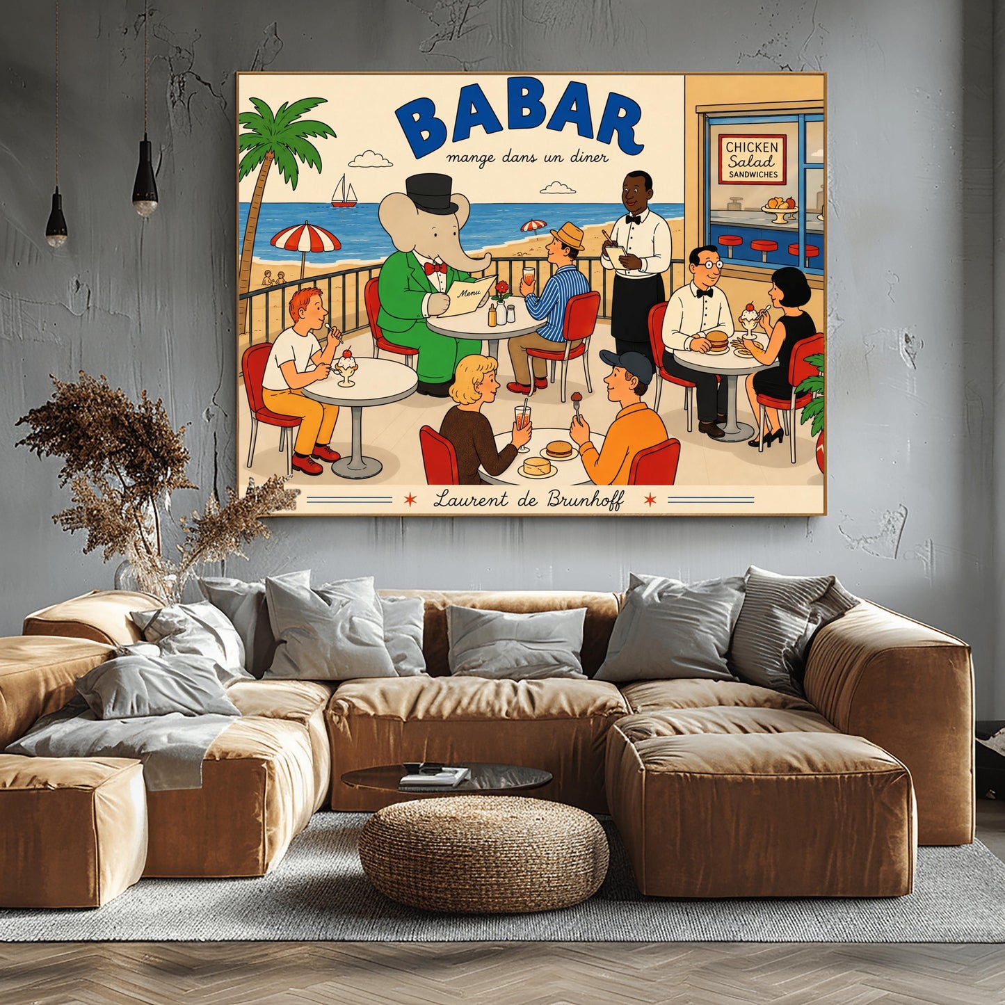 A bright 1950s-style illustration poster titled "BABAR mange dans un diner" in bold blue and black script. The scene shows an outdoor diner balcony overlooking a sandy beach and blue ocean with a sailboat. On the left, the cartoon elephant King Babar sits at a round white table in a green suit and top hat, reading a menu. Several other patrons are seated at tables on red chairs eating burgers and ice cream sundaes, while a waiter in a bowtie takes notes.