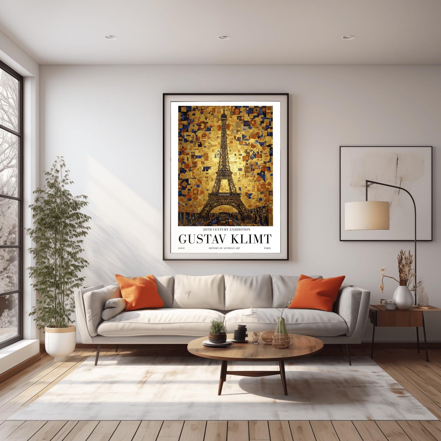 A vertical museum exhibition poster in the style of Gustav Klimt. The Eiffel Tower in Paris is rendered in a dark structural style against a sky made of a dense golden mosaic of squares, tiles, and blue "eye" symbols. Bold black text at the bottom reads "GUSTAV KLIMT" and "PARIS."