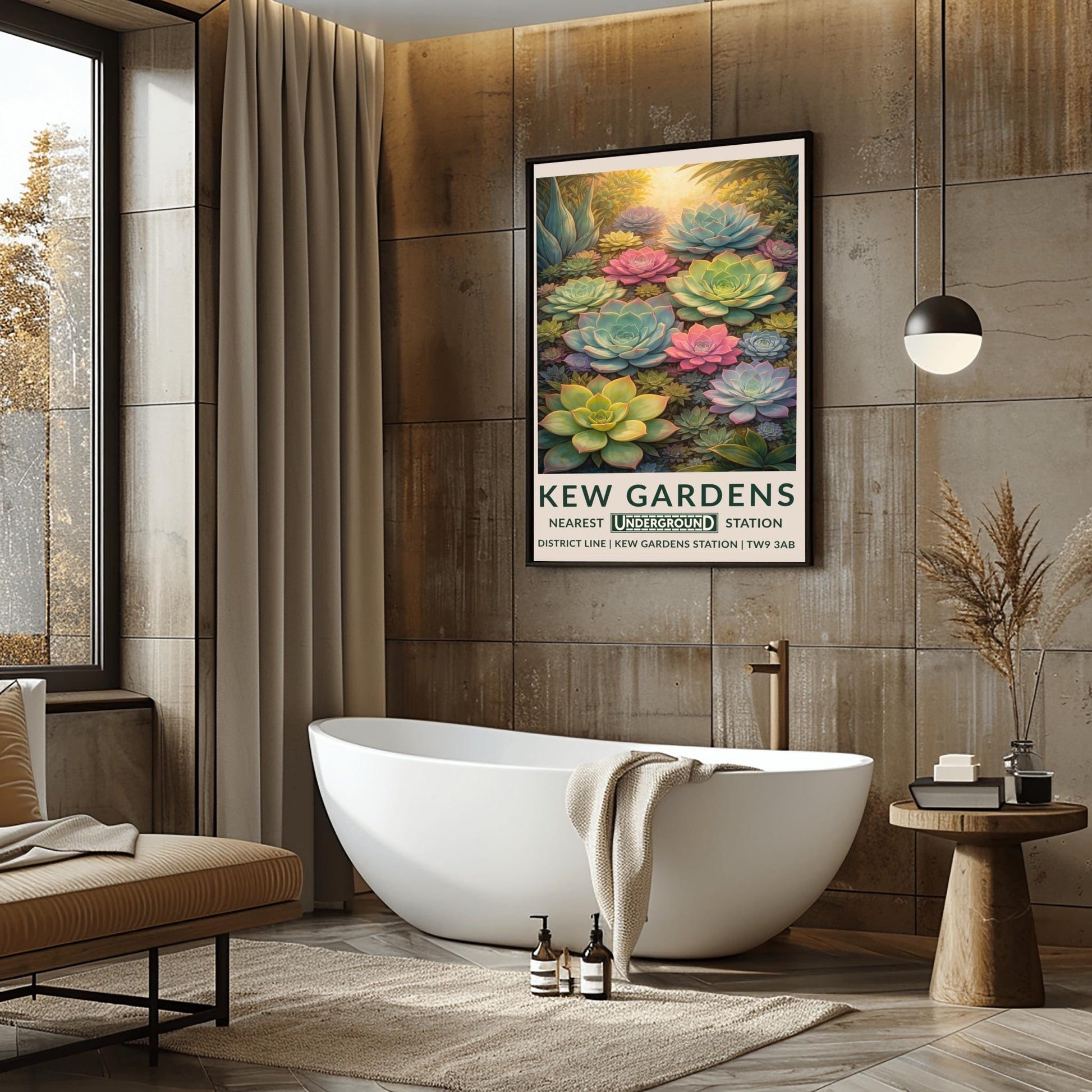 A vertical vintage travel poster for Kew Gardens featuring a dense, top-down view of many succulent plants. The composition is filled with large and small Echeveria rosettes in soft pastel shades of pink, light green, and pale blue. Warm sunlight glows from the top of the frame, highlighting the edges of the thick, fleshy leaves. The bottom features a cream border with bold green text: "KEW GARDENS" and "NEAREST UNDERGROUND STATION" with District Line details.
