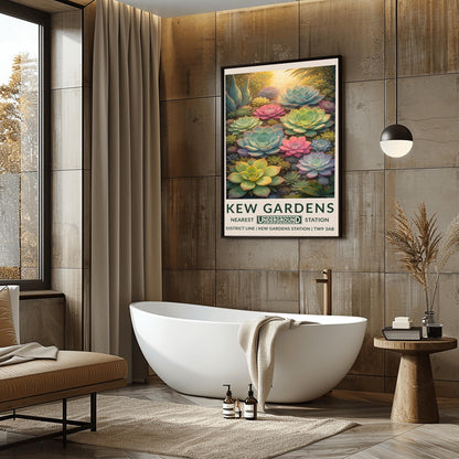 A vertical vintage travel poster for Kew Gardens featuring a dense, top-down view of many succulent plants. The composition is filled with large and small Echeveria rosettes in soft pastel shades of pink, light green, and pale blue. Warm sunlight glows from the top of the frame, highlighting the edges of the thick, fleshy leaves. The bottom features a cream border with bold green text: "KEW GARDENS" and "NEAREST UNDERGROUND STATION" with District Line details.