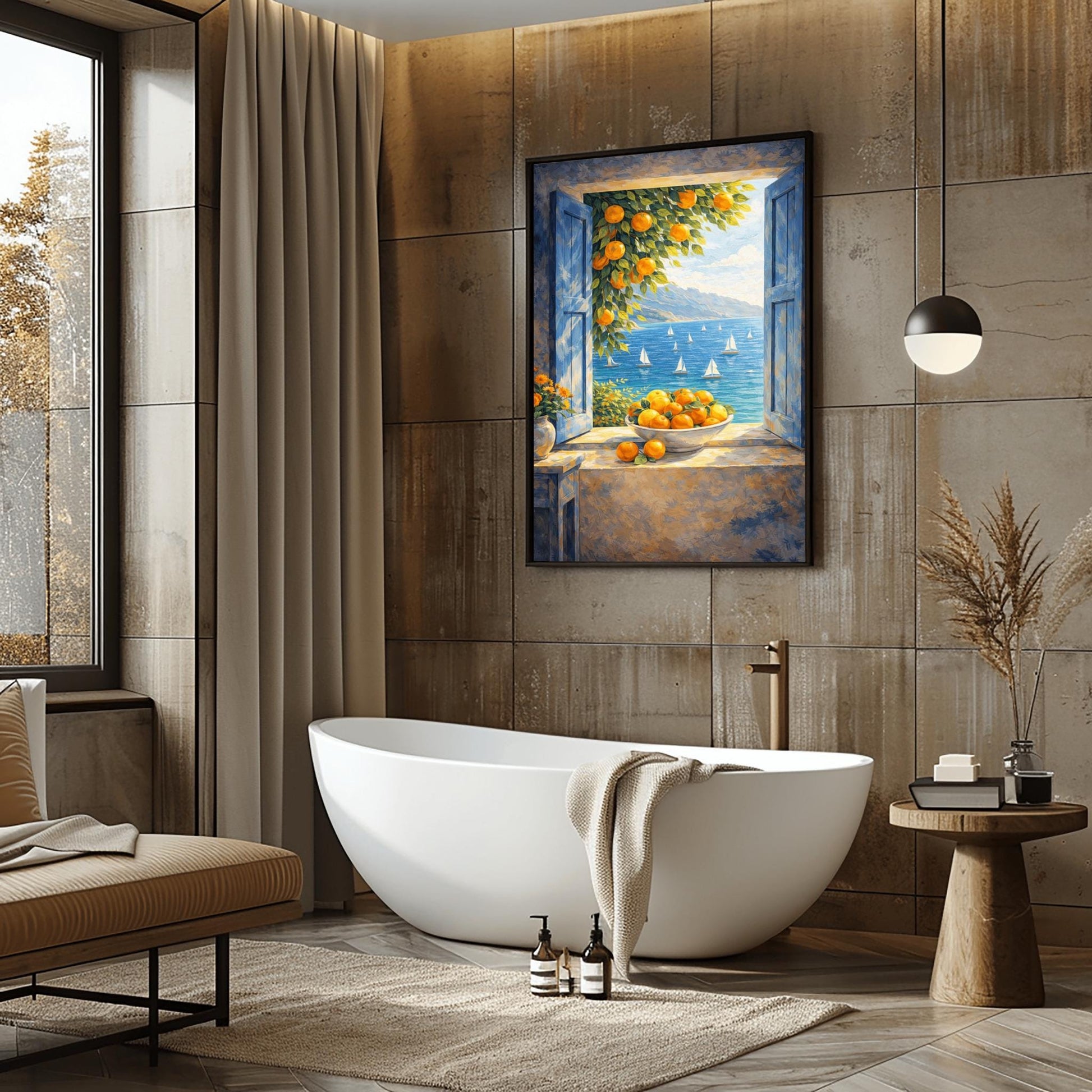 A vertical painterly illustration of an open window with blue shutters looking out at a sea with many sailboats. On the windowsill sits a large bowl overflowing with oranges. A branch with oranges hangs from the top, and a vase of yellow flowers is on a table to the left.