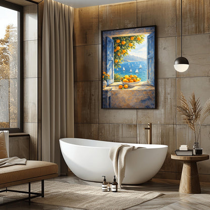 A vertical painterly illustration of an open window with blue shutters looking out at a sea with many sailboats. On the windowsill sits a large bowl overflowing with oranges. A branch with oranges hangs from the top, and a vase of yellow flowers is on a table to the left.