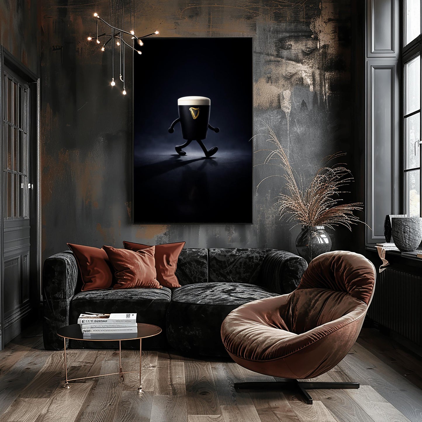 A vertical cinematic illustration of a 3D Guinness pint character with cartoon arms and legs, walking across a reflective dark floor. The background is a dark, moody void with a faint blue atmospheric glow. The pint features a crisp white foam head and a golden harp logo.