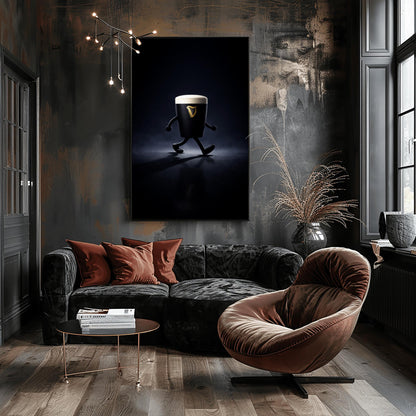 A vertical cinematic illustration of a 3D Guinness pint character with cartoon arms and legs, walking across a reflective dark floor. The background is a dark, moody void with a faint blue atmospheric glow. The pint features a crisp white foam head and a golden harp logo.