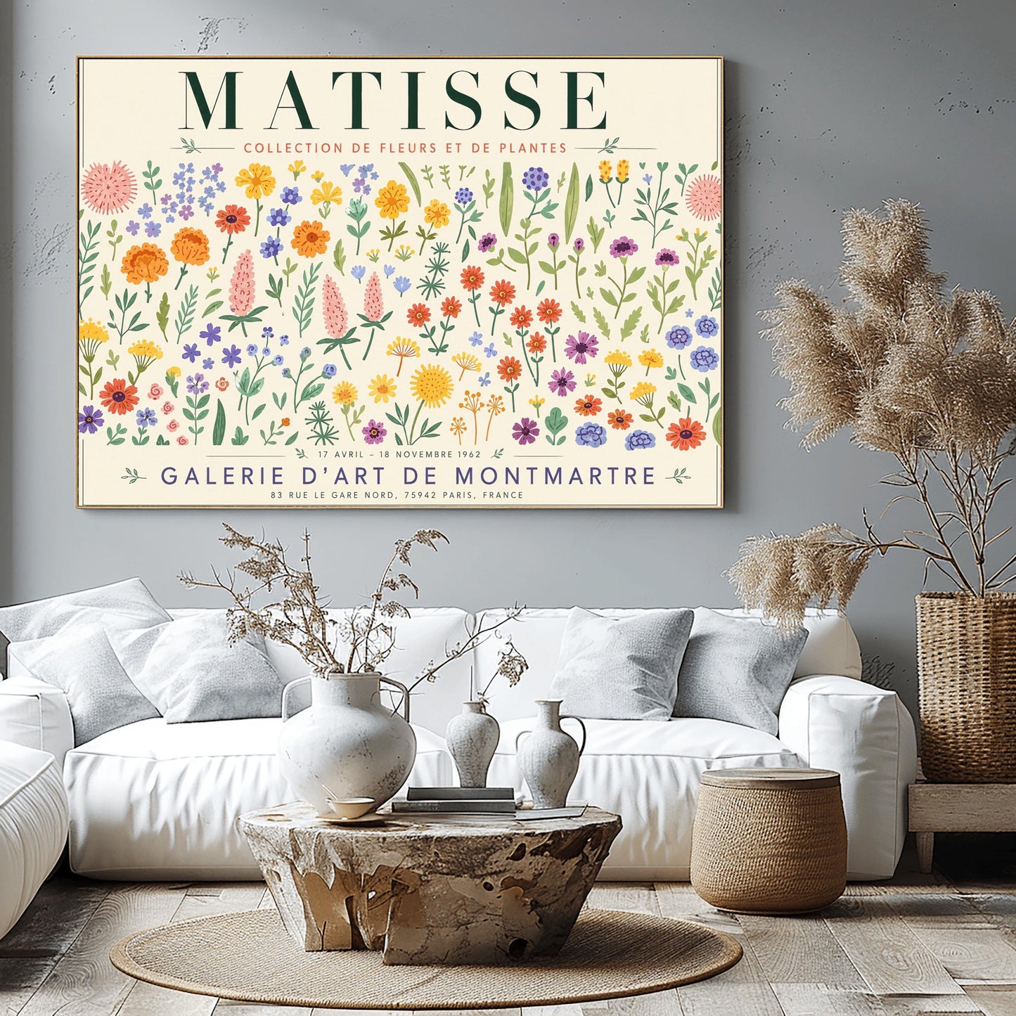 A vertical gallery exhibition poster with a warm cream border. Bold black text at the top reads "HENRI MATISSE". The central artwork is a rectangular block with a solid terracotta-orange background, featuring a cream silhouette of an abstract, four-petaled flower with a circular center. Below the block, black text reads "PAPIERS DÉCOUPÉS" and "FLEUR". The bottom of the poster finishes with the text "BERGGRUEN & CIE - 70 RUE DE L'UNIVERSITÉ - PARIS VII".