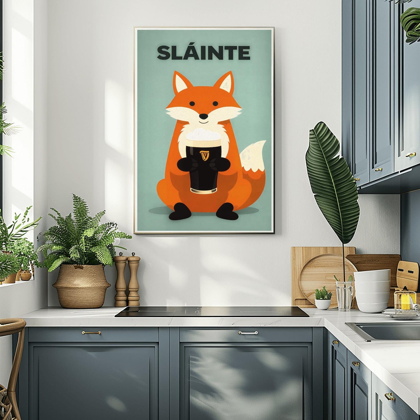 A vertical modern illustration of a cute orange fox sitting and holding a pint of Guinness with both paws. The word "SLÁINTE" is written in bold gray letters at the top. The background is a soft, textured mint green.
