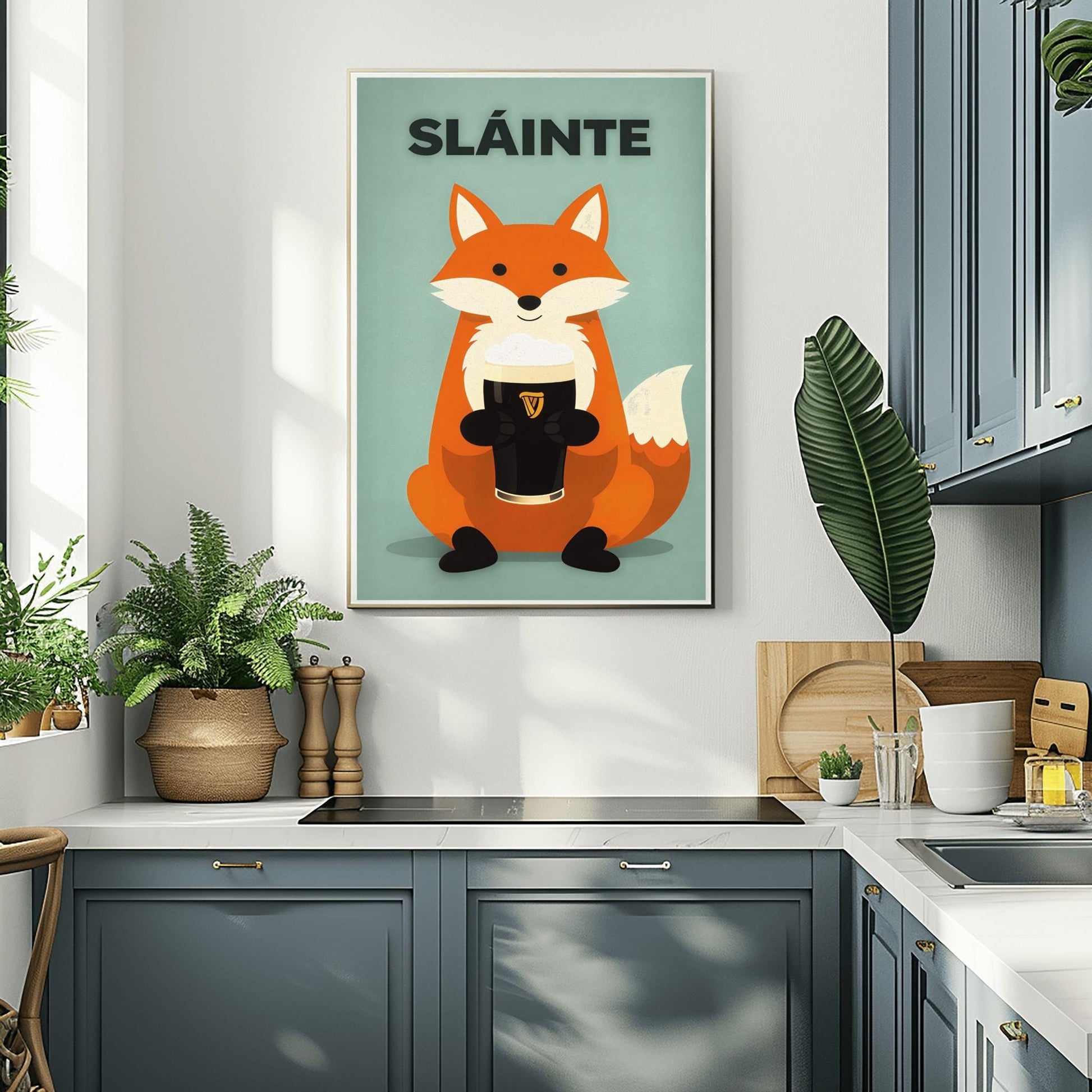 A vertical modern illustration of a cute orange fox sitting and holding a pint of Guinness with both paws. The word "SLÁINTE" is written in bold gray letters at the top. The background is a soft, textured mint green.