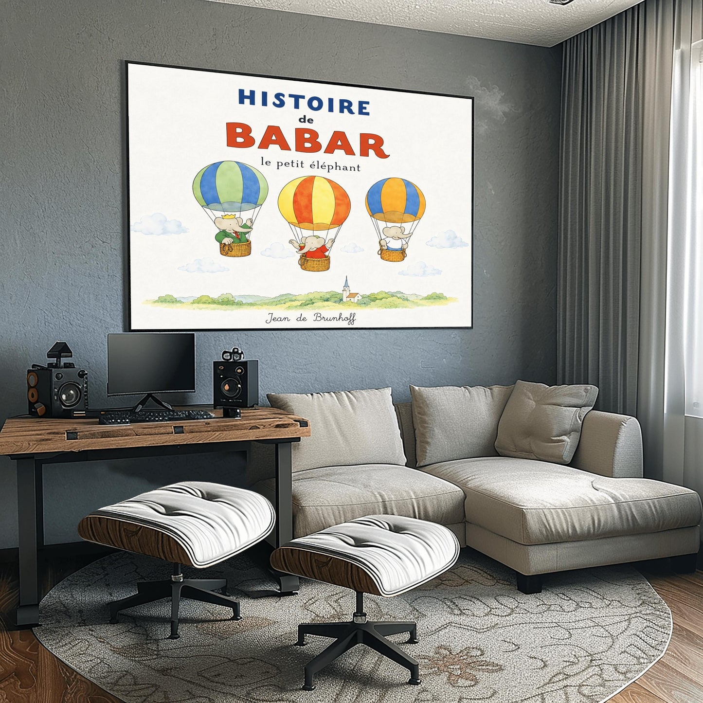 A whimsical vintage-style storybook poster on a clean white background titled "HISTOIRE de BABAR le petit éléphant" in bold blue and orange lettering. The illustration features three cartoon elephants floating in striped hot air balloons over a light green watercolor countryside with a white church steeple. On the left, King Babar in a green suit and crown waves from a blue-and-green balloon. In the center, an elephant in a red dress sits in a yellow-and-orange balloon.