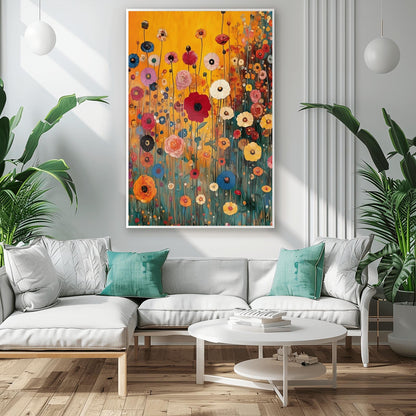 A vertical fine art print in the style of Gustav Klimt featuring a dense field of wildflowers. Red, blue, pink, and yellow flowers on long, thin green stalks grow against a solid amber-gold background. The painting features small ornamental dots and mosaic details throughout the meadow.