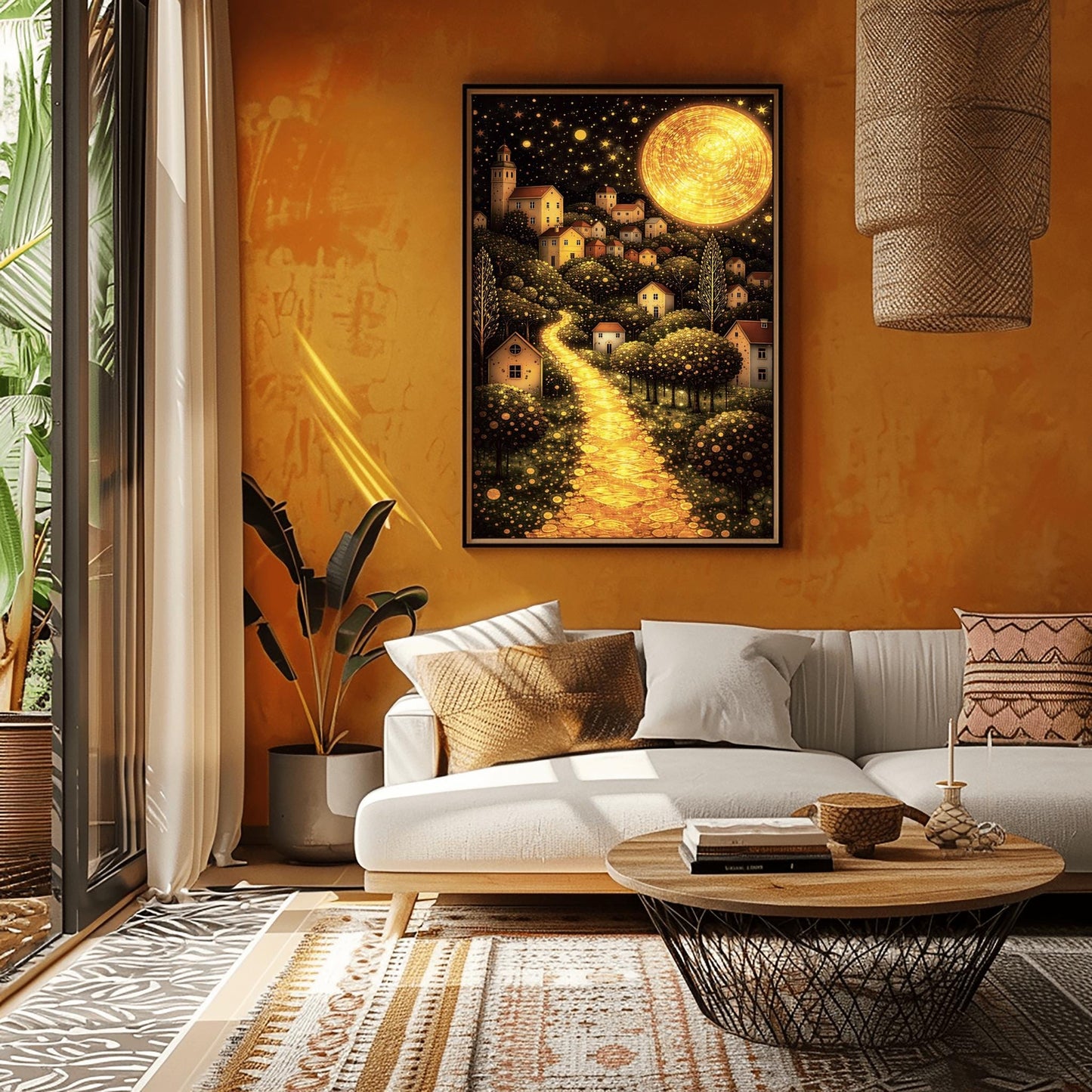 A vertical fine art landscape in the style of Gustav Klimt. A huge, textured golden moon shines in a starry night sky. A glowing golden path winds up a hillside past trees filled with shimmering golden dots toward a village of small houses with lit windows.