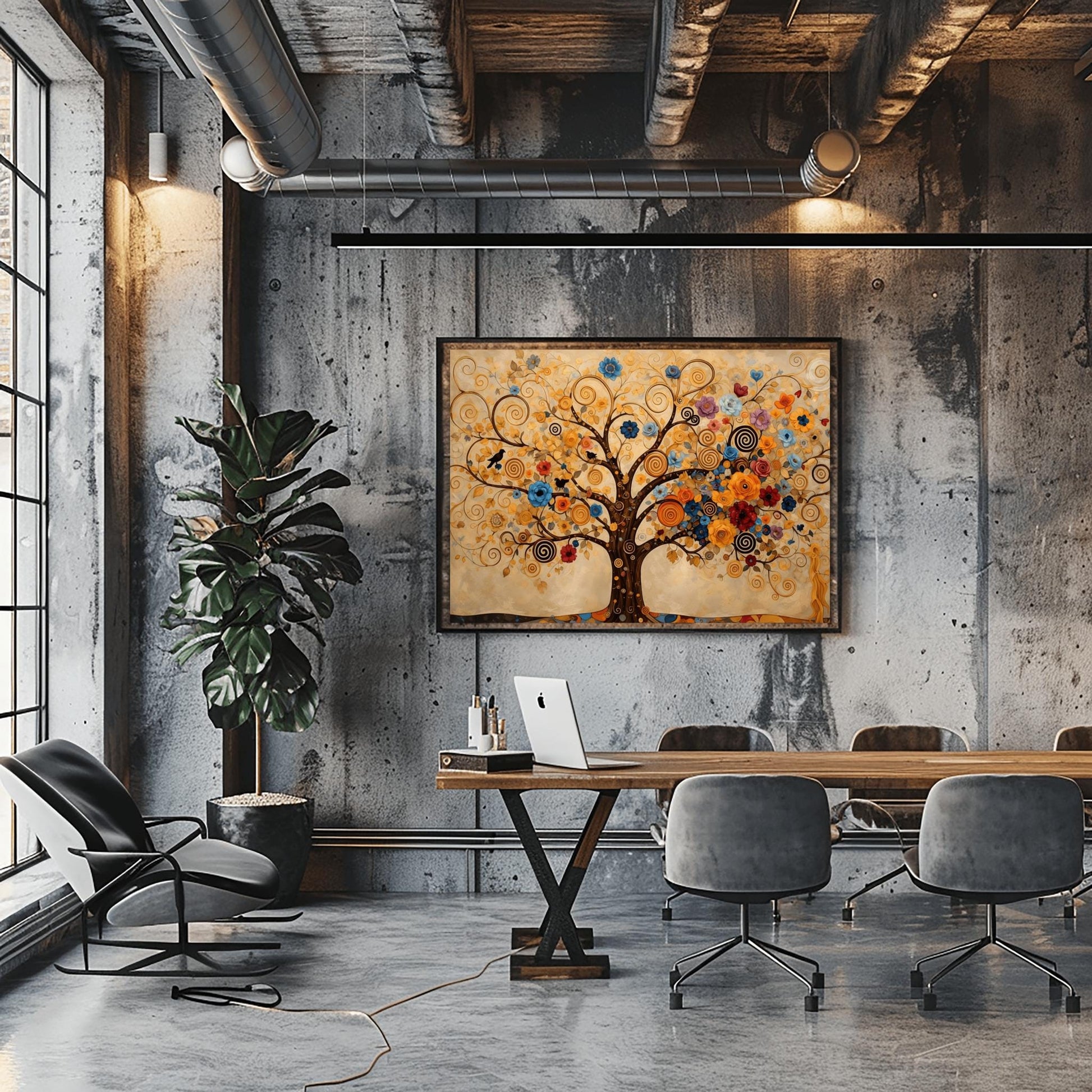 A horizontal fine art print in the style of Gustav Klimt. A large tree with dark branches that curl into golden spirals fills the frame. The tree is decorated with a variety of colorful blue, orange, and red flowers and small black birds. The background is a warm cream color with faint, swirling patterns.