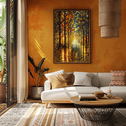 A vertical, highly detailed oil painting in the style of Gustav Klimt. A forest path lined with tall, slender trees is illuminated by a warm, golden light at the end of the corridor. The leaves are a mosaic of gold, orange, and red circles and geometric shapes. The path in the foreground is wet and reflects the brilliant colors of the trees in a shimmering, textured pattern.