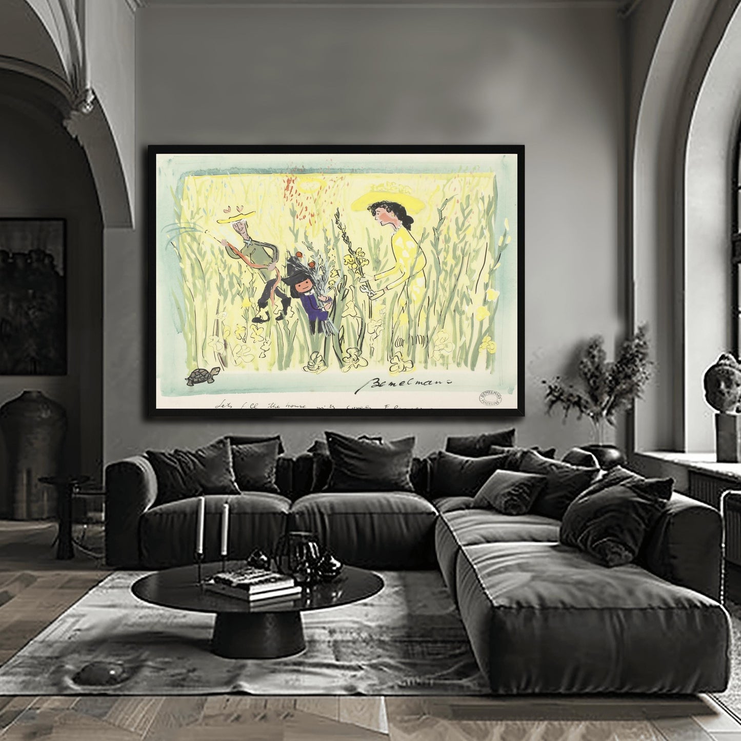 A vertical whimsical illustration of a grand library with high ceilings and tall arched windows. A young girl in a blue coat and yellow hat sits on a red sofa next to a nun, both reading a book. A large, friendly-looking lion sits on a patterned rug in the foreground, accompanied by several small dogs. The room is filled with overflowing bookshelves, a grand piano, and large potted palm trees. The style features loose, sketchy lines and warm, vibrant colors.