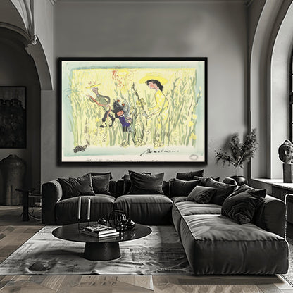 A vertical whimsical illustration of a grand library with high ceilings and tall arched windows. A young girl in a blue coat and yellow hat sits on a red sofa next to a nun, both reading a book. A large, friendly-looking lion sits on a patterned rug in the foreground, accompanied by several small dogs. The room is filled with overflowing bookshelves, a grand piano, and large potted palm trees. The style features loose, sketchy lines and warm, vibrant colors.