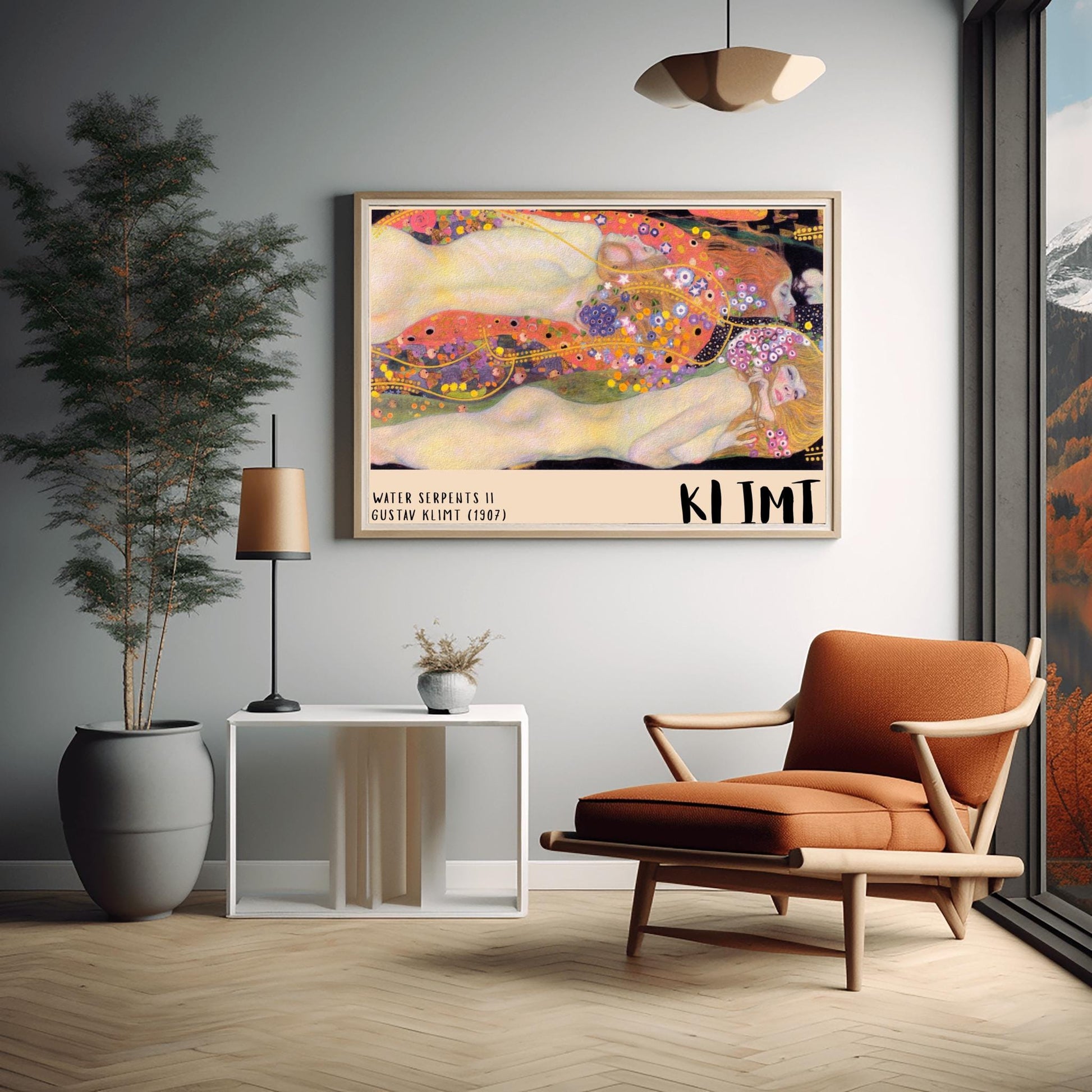 A horizontal museum exhibition poster featuring Gustav Klimt's 1907 painting "Water Serpents II." Reclining female figures are surrounded by a sea of golden spirals, blue and purple flowers, and ornate patterns. The bottom border is cream with bold black text reading "WATER SERPENTS II" and "KLIMT."