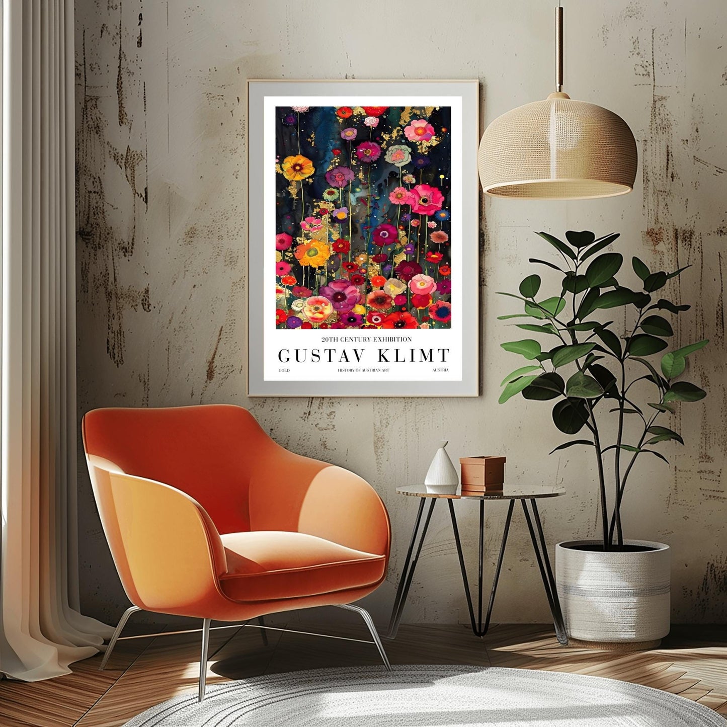 A vertical, highly detailed painting in the style of Gustav Klimt. A dense field of vibrant wildflowers in red, pink, orange, and purple grows against a dark indigo and black background. Shimmering gold-leaf patterns and "rain" effects are woven throughout the flowers. The style is rich in texture with a mosaic-like quality and heavy gold accents.