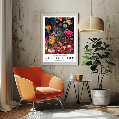 A vertical, highly detailed painting in the style of Gustav Klimt. A dense field of vibrant wildflowers in red, pink, orange, and purple grows against a dark indigo and black background. Shimmering gold-leaf patterns and "rain" effects are woven throughout the flowers. The style is rich in texture with a mosaic-like quality and heavy gold accents.