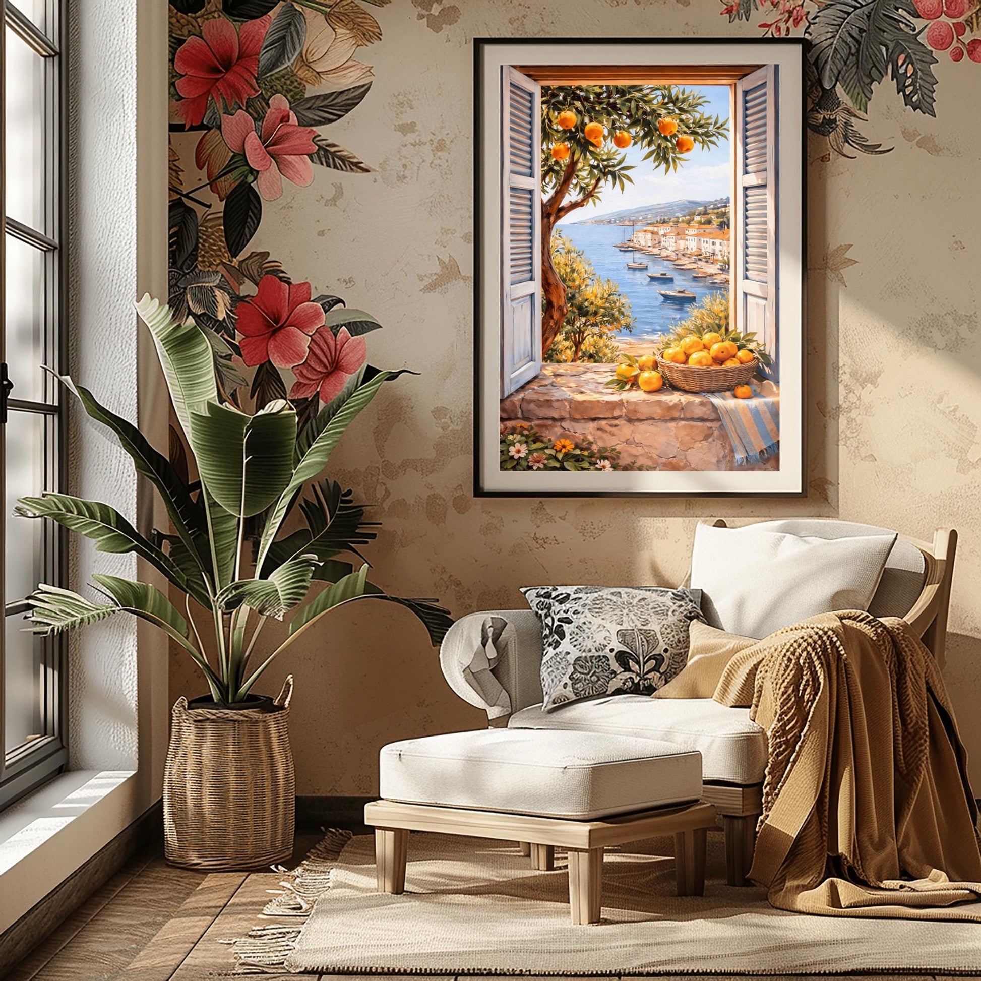 A vertical painterly illustration looking through a stone window with light blue shutters. A woven basket of oranges and a striped blue cloth sit on the ledge. Outside, an orange tree frames a view of a blue sea with boats and a sun-drenched coastal town.