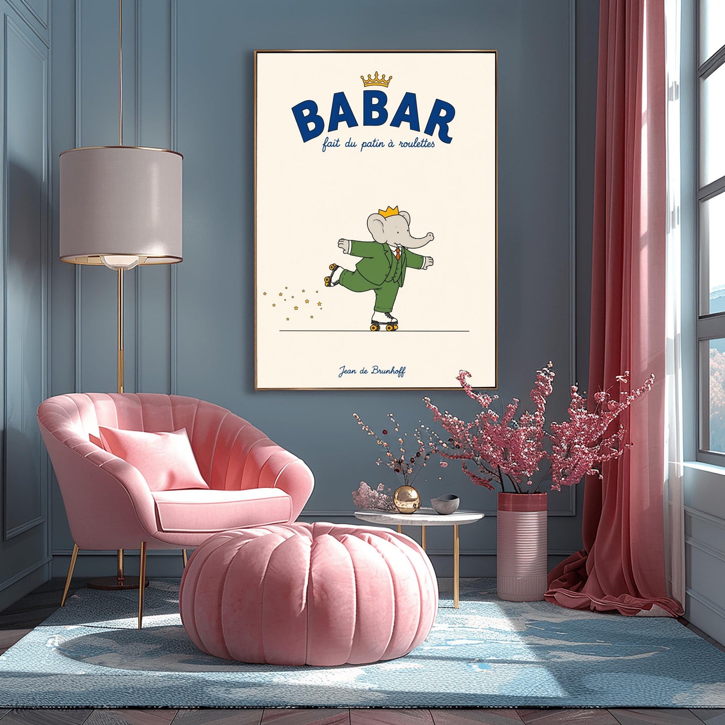 A vertical retro fine art exhibition poster titled "BABAR fait du patin à roulettes" on a wide cream border. The top "BABAR" text is printed in a bold navy blue font with a small gold crown sitting on top. The illustration shows an elephant wearing a crown and green suit balancing on one foot while wearing white roller skates with orange wheels. A trail of tiny yellow stars follows his back skate. The name "Jean de Brunhoff" anchors the bottom in blue script.